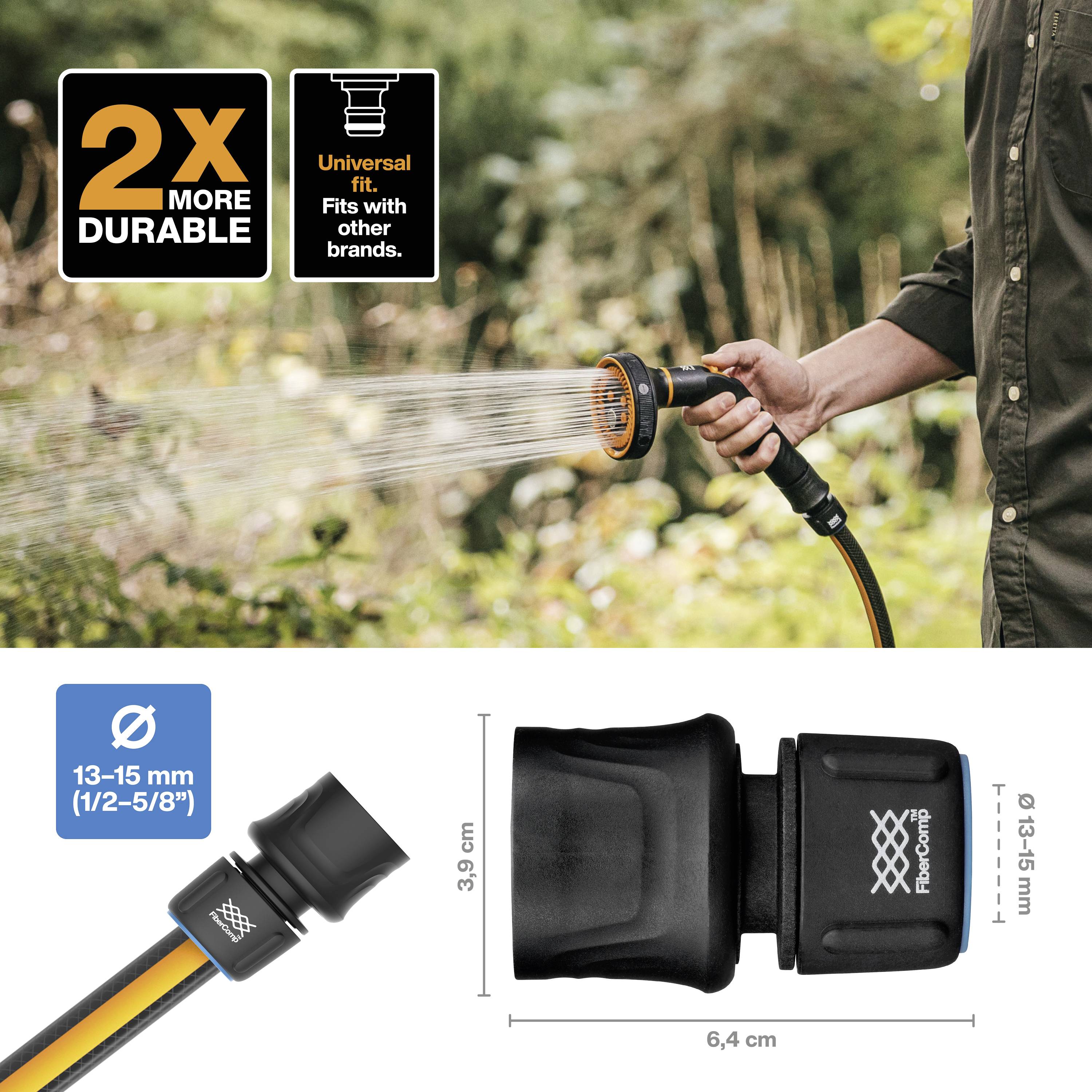 Gartenwerkzeug in der Hand, bewirbt Schlauchdüse mit Aufschrift '2x more durable', passende Universalgröße und Maße.