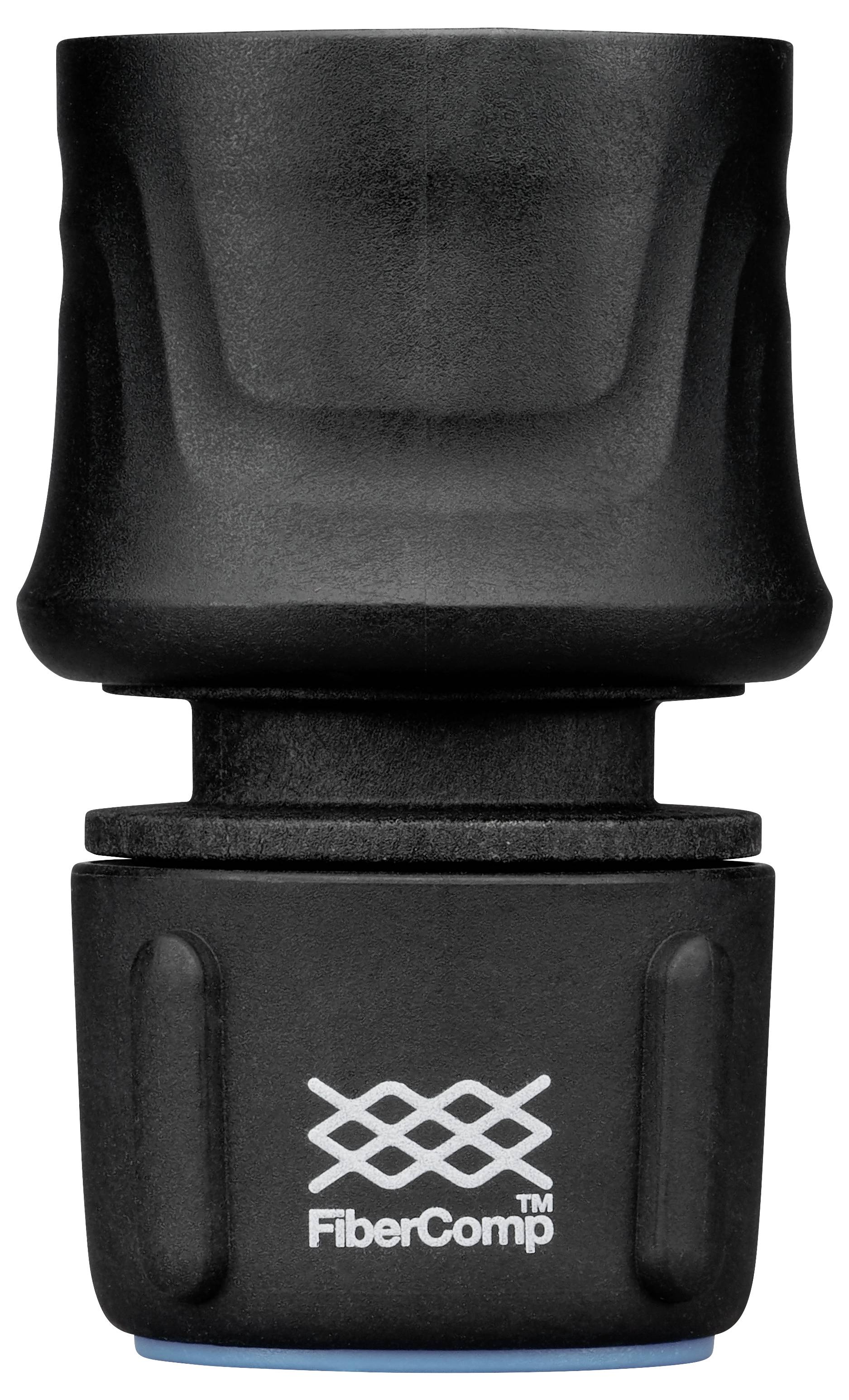 Ein schwarzer Gartenwerkzeuggriff mit 'FiberComp'-Aufschrift. Der Griff hat eine ergonomische Form und besteht aus robustem Material.