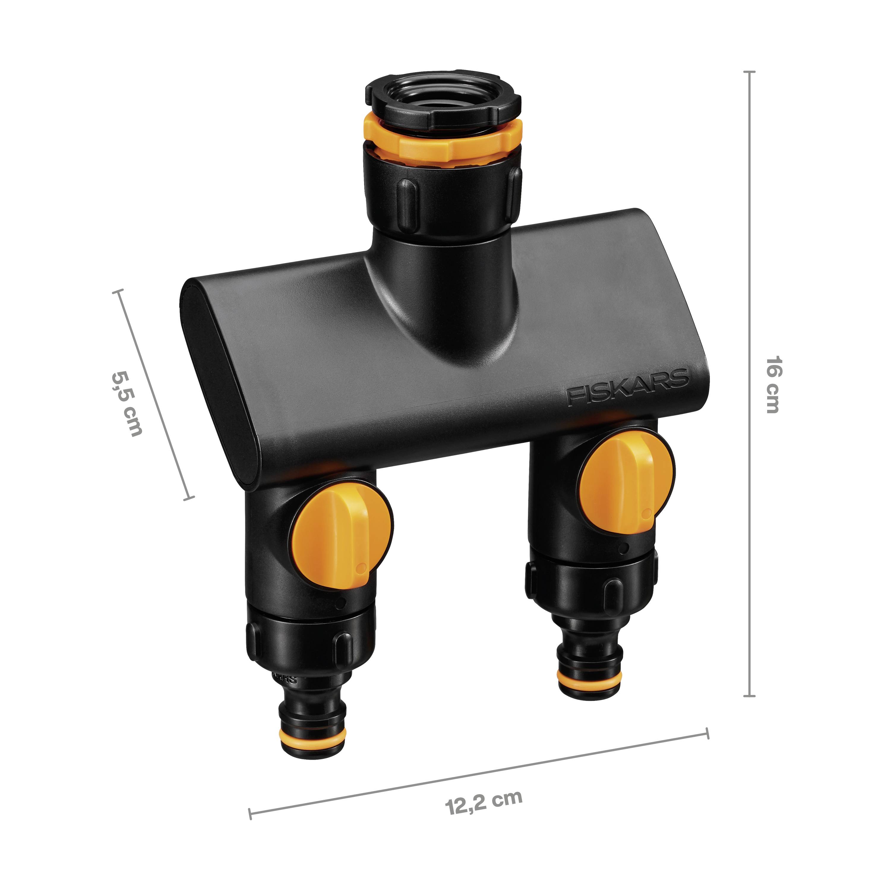 Zweiteiliger Wasseranschlussadapter mit schwarzem Gehäuse und orangefarbenen Reglern. Maße: 5,5 cm x 16 cm x 12,2 cm.