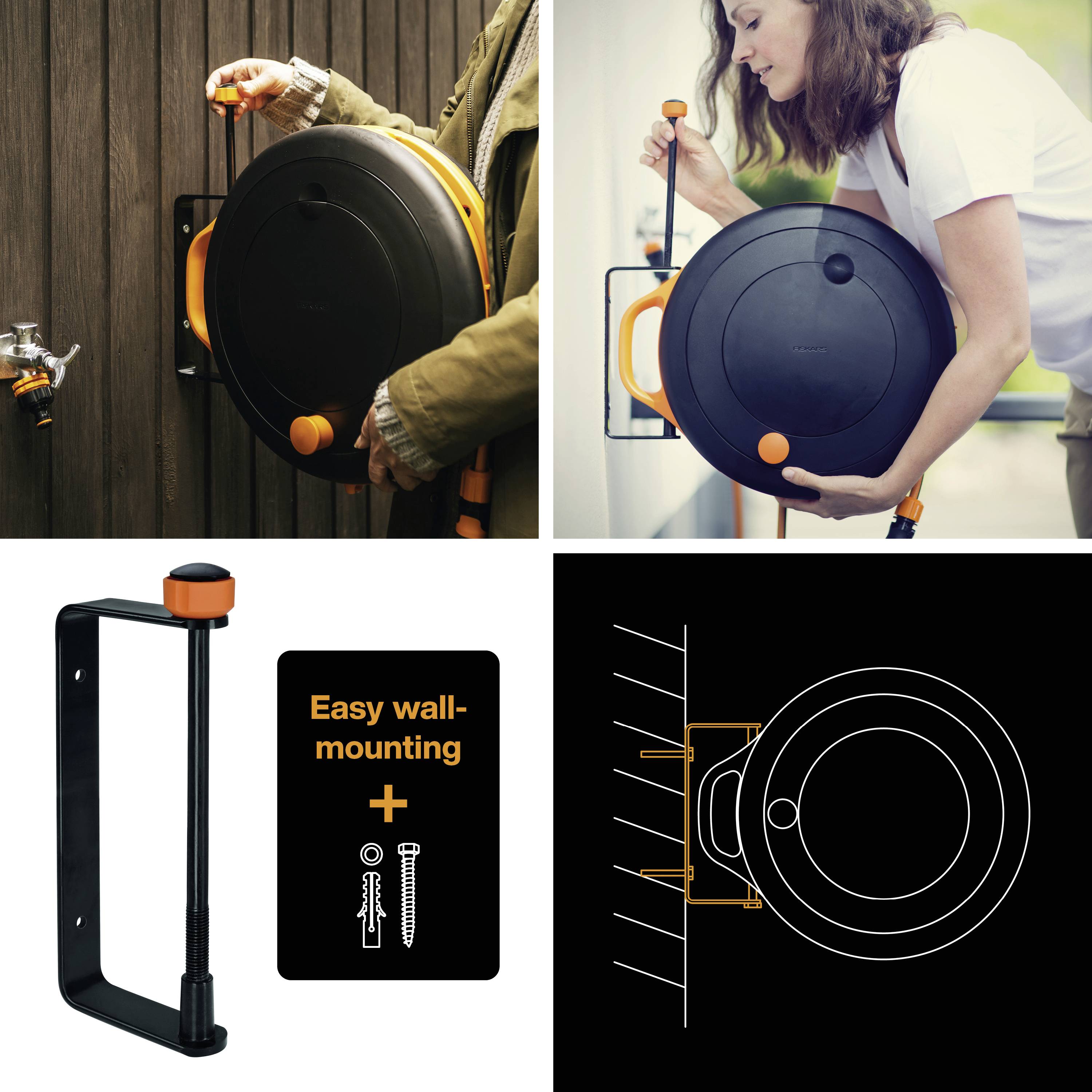 'Schlauchaufroller': Einfach zu montierender Wasser-Schlauchaufroller an der Wand mit orangem Griff und Halterung, inklusive Befestigungsmaterial.