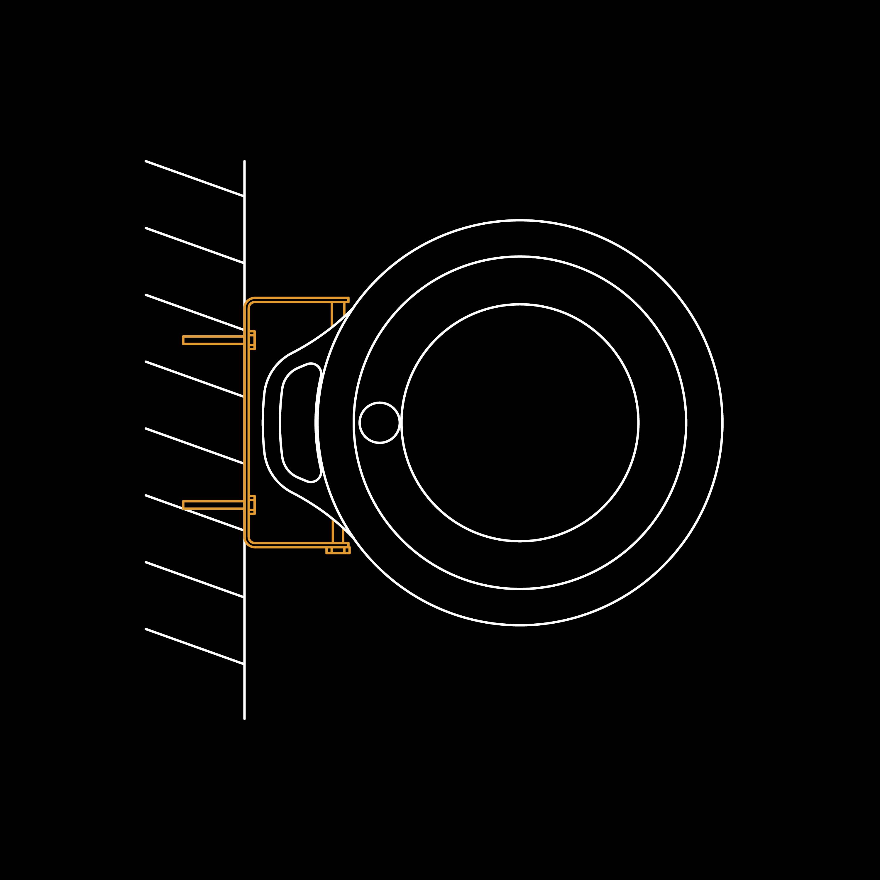 'Technische Zeichnung einer kreisförmigen Vorrichtung an einer Wandmontage, seitliche Details hervorgehoben.'