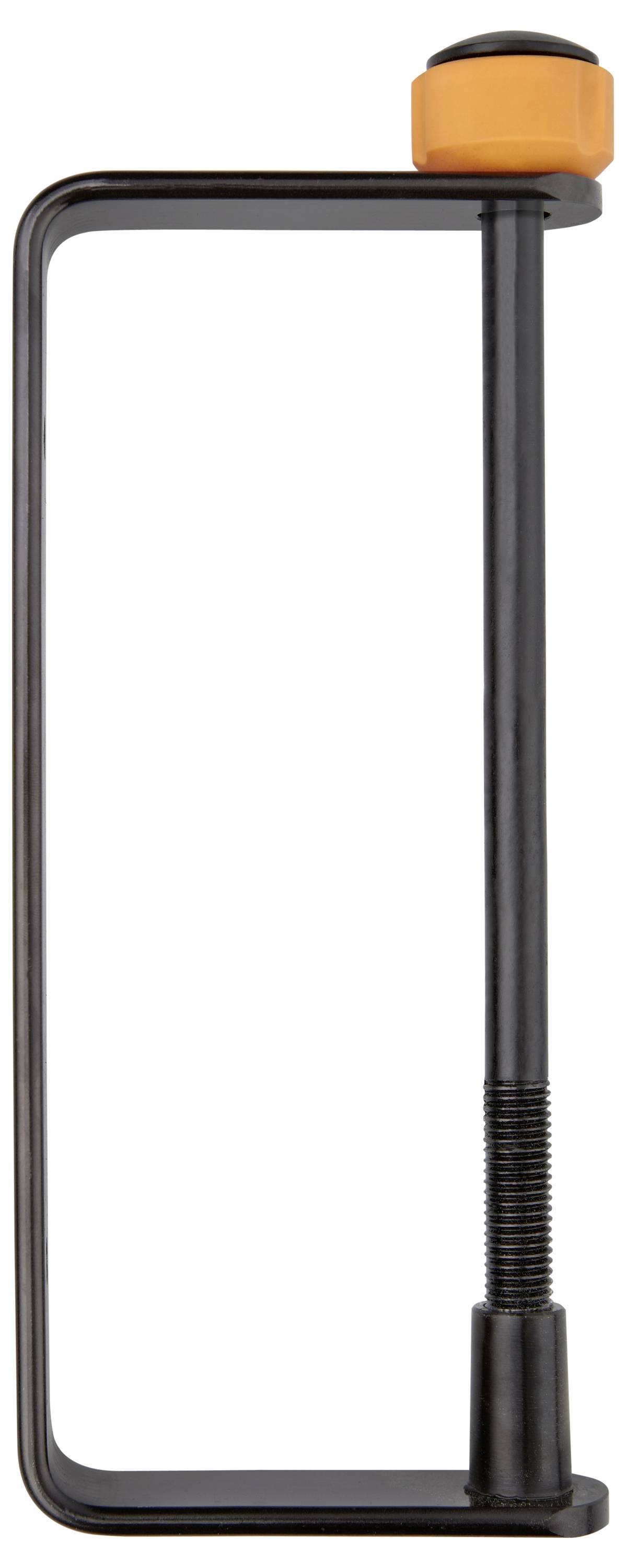 Eine schwarze, unverstellte Stangenschraubzwinge mit orangefarbenem Griff und Spindel zur Fixierung von Werkstücken bei der Bearbeitung.