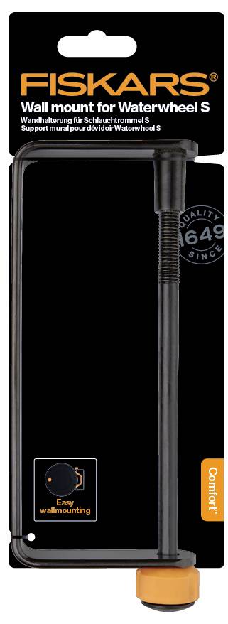 'Fiskars Wandhalterung für Schlauchaufroller S', einfach an der Wand zu montieren. Schwarzes Design, orangefarbener Akzent.