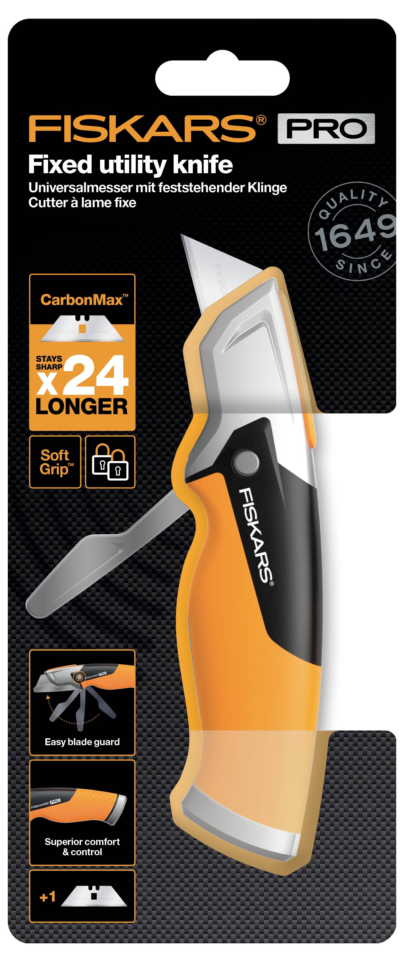 Ein feststehendes Universalmesser von Fiskars mit Soft-Grip, CarbonMax Klinge, die 24-mal länger hält, und Klingenschutz.