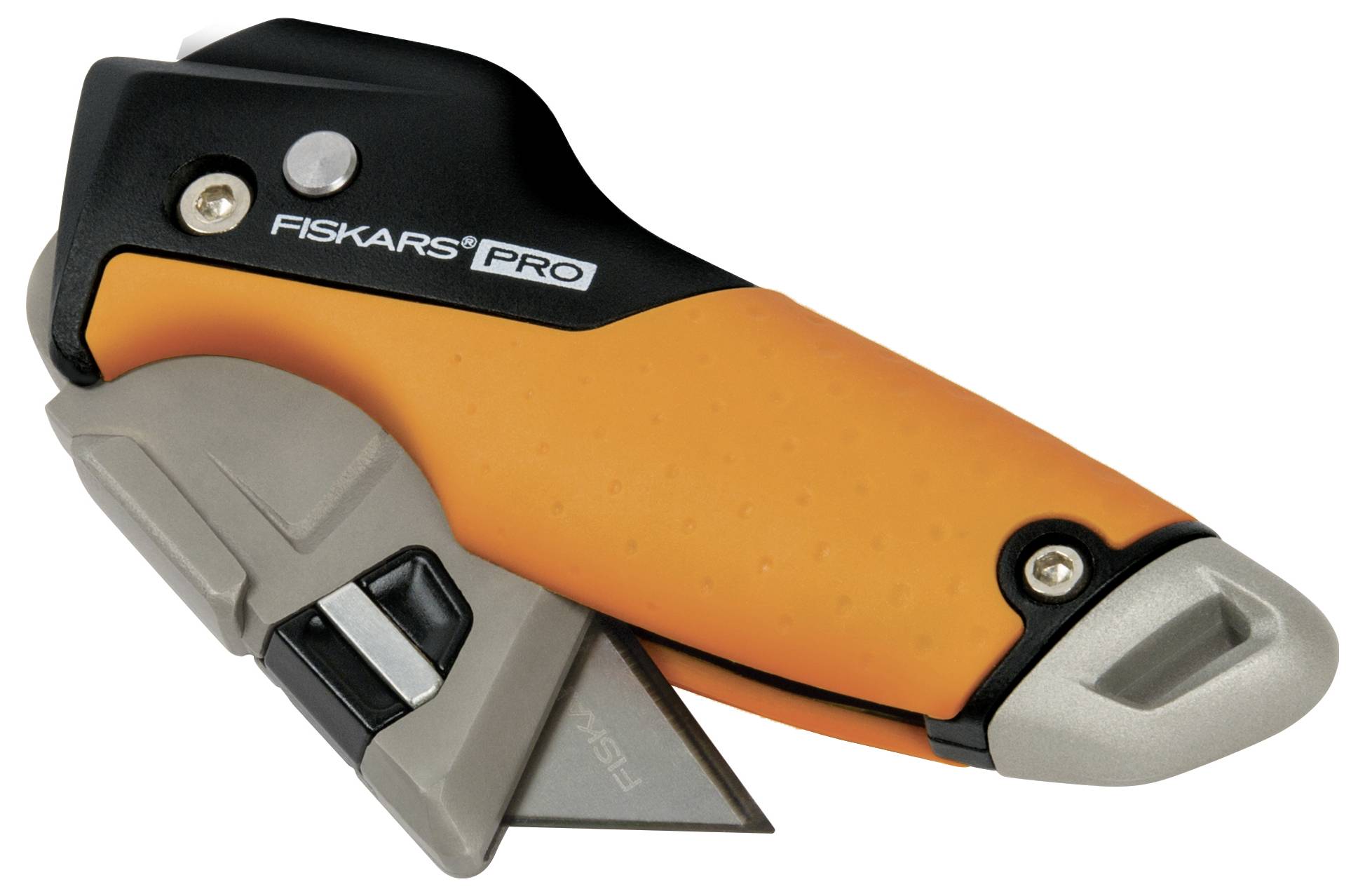 Ein orange-schwarzes Sicherheitsmesser mit grauer Klinge von 'Fiskars Pro', geeignet für präzises Schneiden in Handwerksarbeiten.