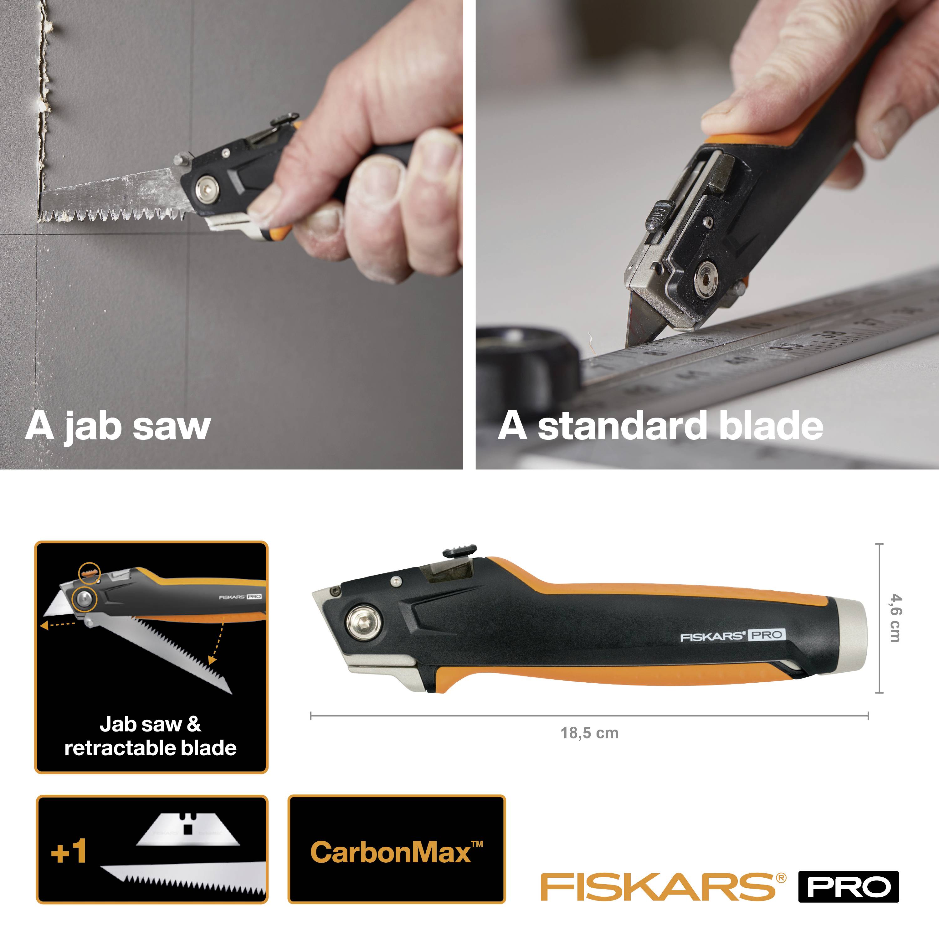 'Fiskars Pro' Werkzeug mit einziehbarer Klinge und Säge präsentiert. Links: Klinge sägt Holz. Rechts: Klinge gleitet aus Griff. Maße: 18,5 cm lang, 4 cm hoch.