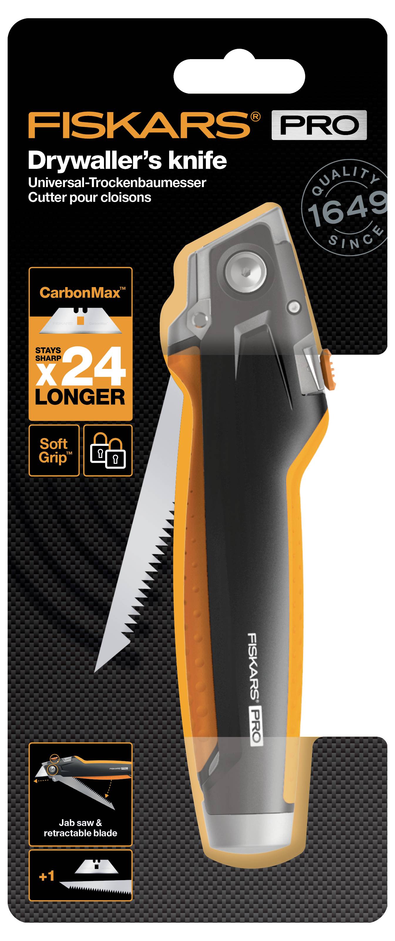 Ein 'FISKARS PRO Drywaller's knife' in schwarzer Verpackung. 24x längere Klingenlebensdauer, weicher Griff. Text in Englisch und Französisch.