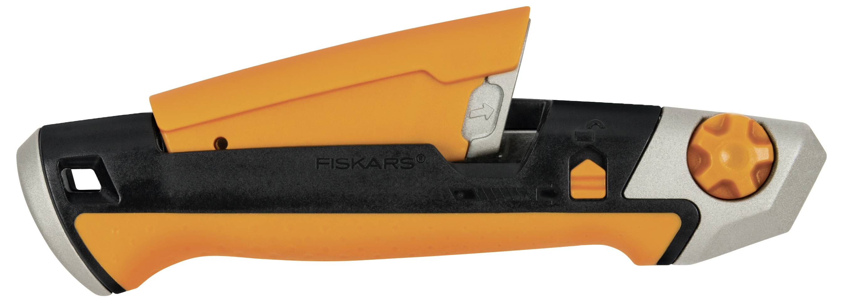 Ein orange-schwarzer Universal-Schaber mit einziehbarer Klinge und ergonomischem Griff, geeignet zum Entfernen von Kleberückständen.