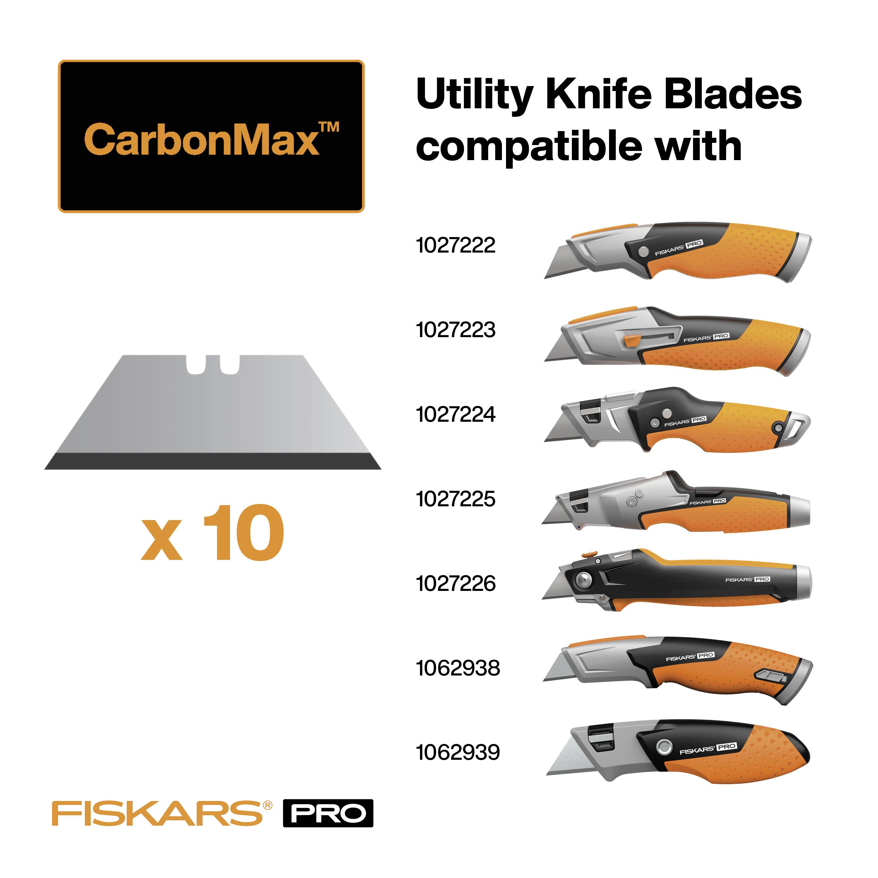 'CarbonMax™ Klingen' werden mit sechs verschiedenen FISKARS PRO Messern gezeigt. Darstellung von Metallklinge mit 'x 10' Hinweis.