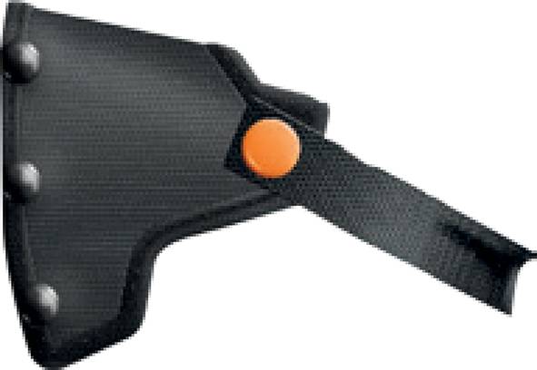 Schwarzes, geformtes Holster mit orangem Druckknopf und Befestigungsriemen, vermutlich zur sicheren Aufbewahrung von Werkzeugen oder Geräten.