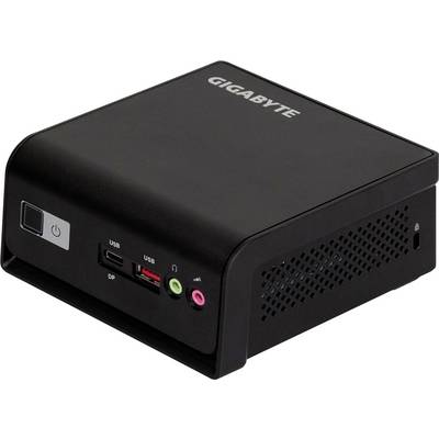 Eine kleine schwarze Computereinheit mit Anschlüssen für USB, Kopfhörer und Ethernet. Die Marke 'Gigabyte' ist oben aufgedruckt.