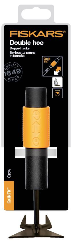 Verpackung für eine doppelseitige Gartenhacke der Marke Fiskars mit orangem Griff.