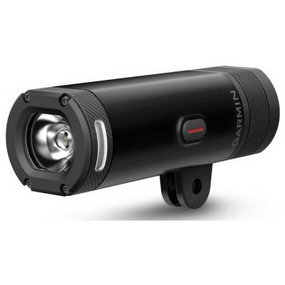 Schwarzes, zylindrisches Gerät mit rotem Knopf, seitlich mit 'Garmin' beschriftet. Es hat eine helle Linse vorne, möglicherweise eine Fahrradlampe.