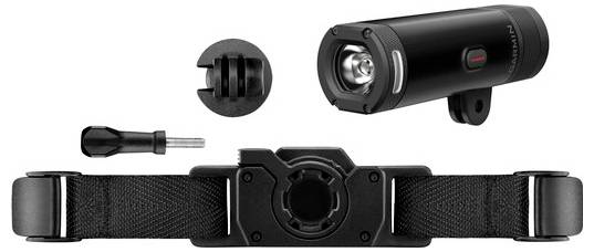 Fahrradlicht und Zubehör: schwarzes Frontlicht mit Halterungen und Schrauben auf weißem Hintergrund. Ideal für sicheres Radfahren bei Dunkelheit.