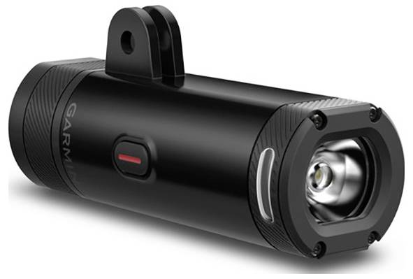 Eine schwarze Fahrradlampe mit rechteckigem Licht, einem zentralen Schalter und einer Halterung zur Befestigung.