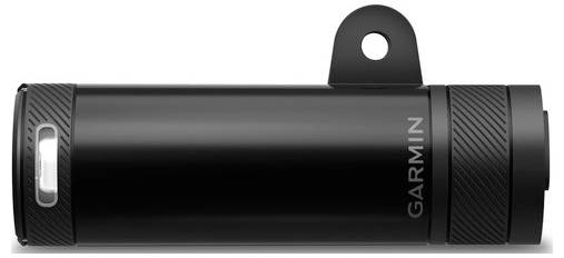 Ein schwarzes Garmin-Fahrradlicht mit zylindrischem Design und Befestigungslasche, seitlich die Marke 'GARMIN'.