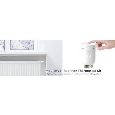 Eine Hand stellt das Imou TRV1 Heizkörper-Thermostat ein, daneben ein Fenster und ein Heizkörper. Text unten: 'Intelligentes Heizkörperthermostat'.
