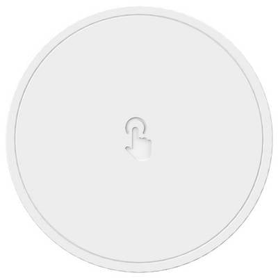 Runder, weißer Knopf mit einem eingravierten Symbol einer Hand, die auf einen Punkt tippt.