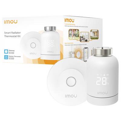 'Imou Smart Radiator Thermostat Kit' mit Thermostat und Gateway, moderne Heizungsregelung innovativ verpackt dargestellt.