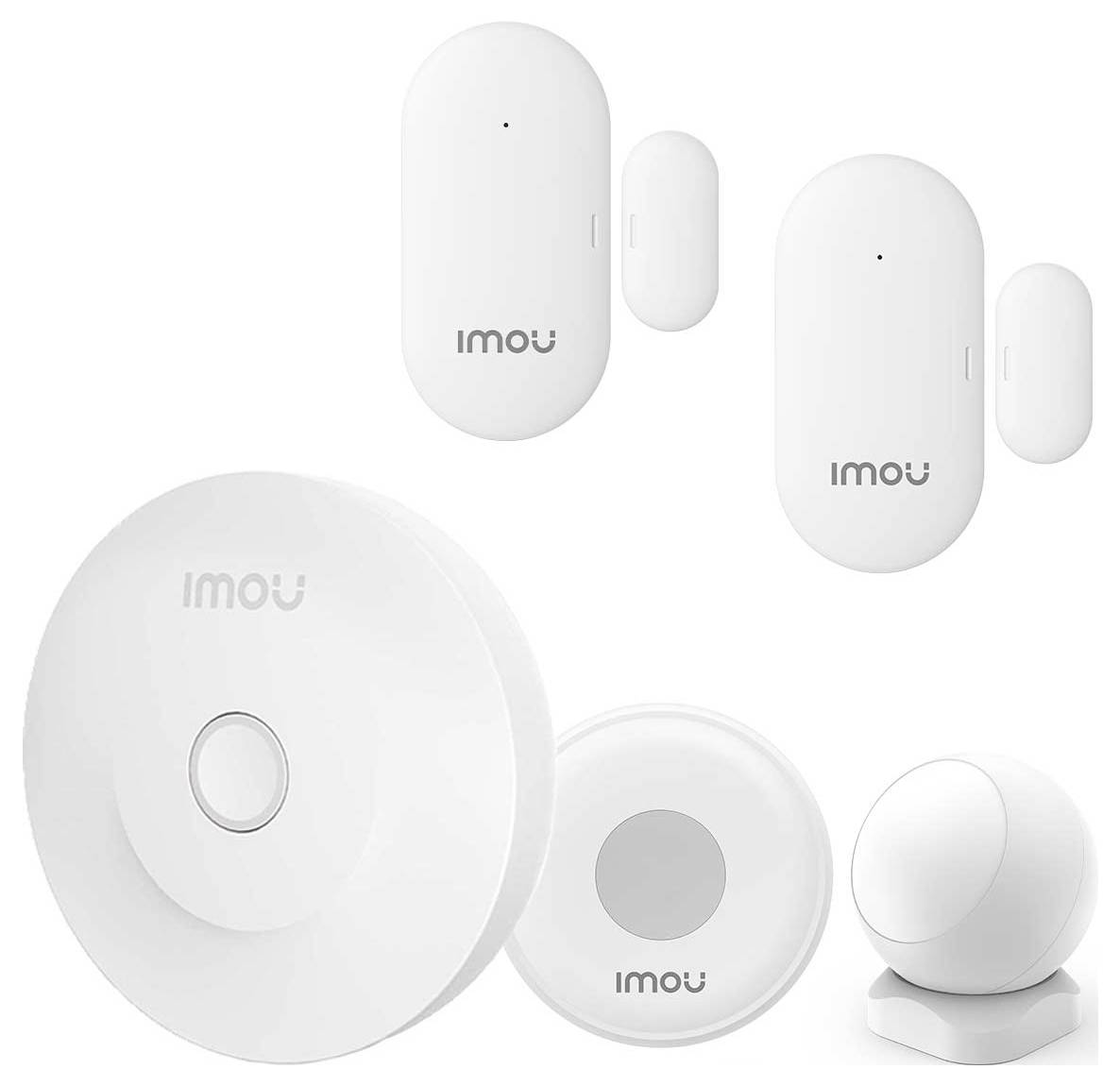 Ein Set aus drei weißen Smart-Home-Sensoren und -Geräten der Marke 'Imou', darunter Tür-/Fenstersensoren und Bewegungsmelder.