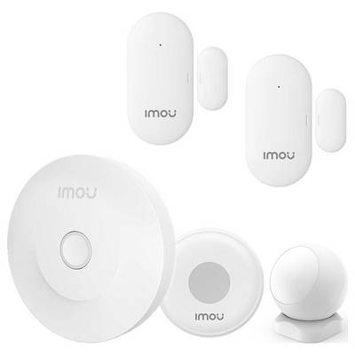 Ein Set aus drei weißen Smart-Home-Sensoren und -Geräten der Marke 'Imou', darunter Tür-/Fenstersensoren und Bewegungsmelder.