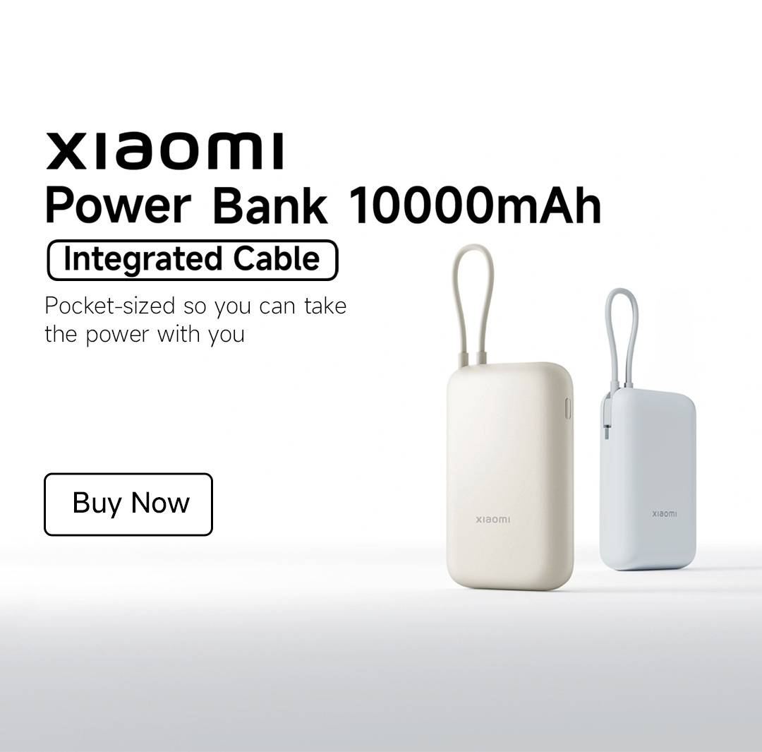 Xiaomi Powerbank 10000mAh mit integriertem Kabel und 'Jetzt kaufen' Button. Hervorragende Portabilität durch kompaktes, taschenfreundliches Design.