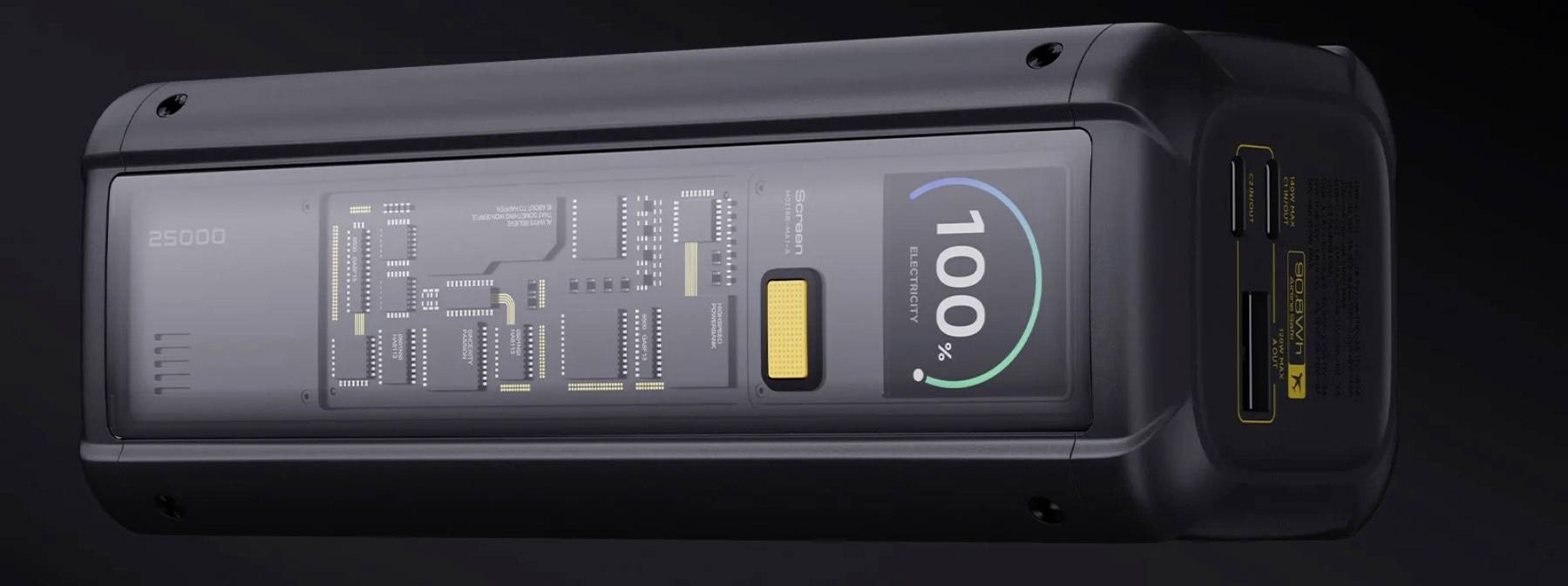 Ein schlankes elektronisches Gerät mit Leiterplattendesign und der Aufschrift '100i' auf seiner Oberfläche, das an ein Powerbank oder eine Batteriekomponente erinnert.