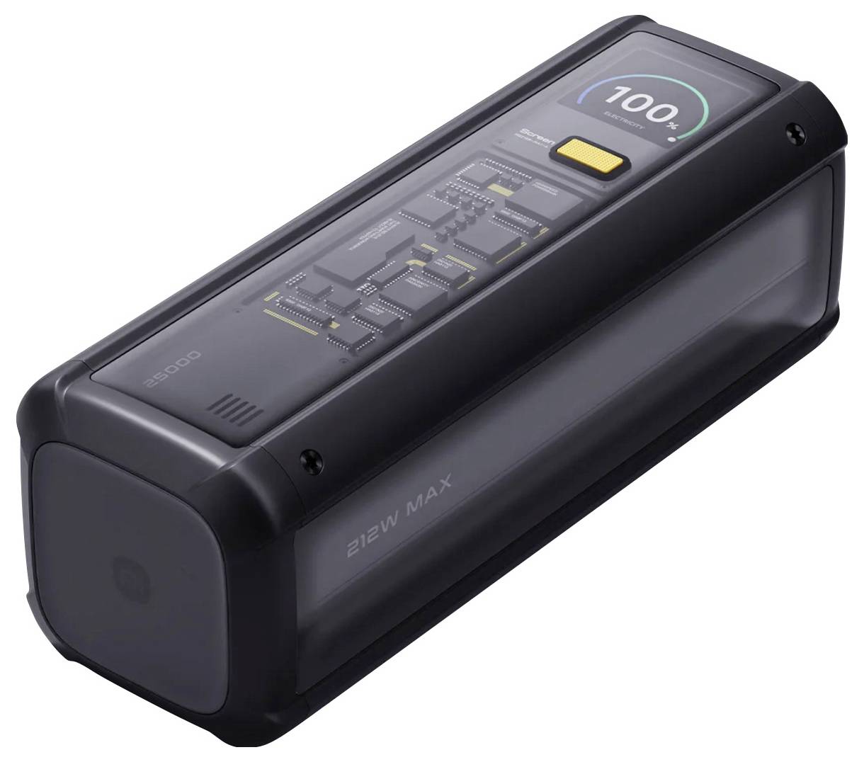 Rechteckiges schwarzes elektronisches Gerät mit einem Display, das '100%' zeigt. Ausgestattet mit Tasten und Schnittstellenelementen, beschriftet mit '212W MAX'.