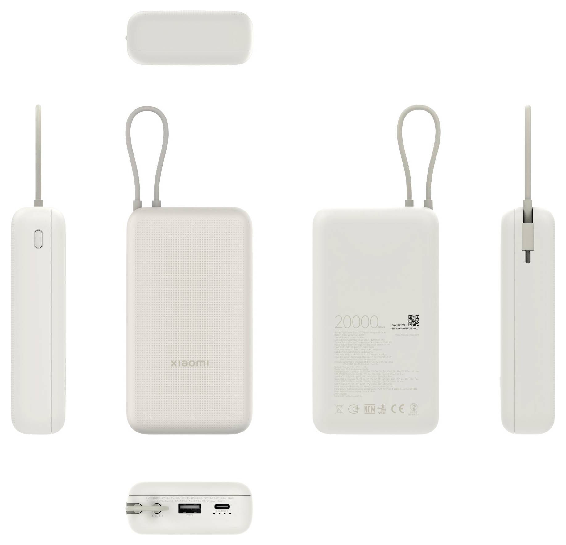 'Bilder einer weißen mobilen Powerbank aus verschiedenen Blickwinkeln, die die USB-Anschlüsse, Kabelschlaufen und Kapazitätsinformationen auf einer Seite zeigen.'