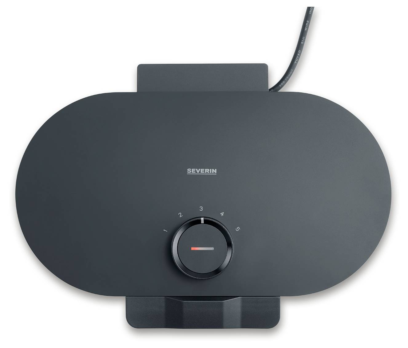 Ein schwarzer Elektrogrill mit einem zentralen Drehknopf zur Temperatureinstellung.