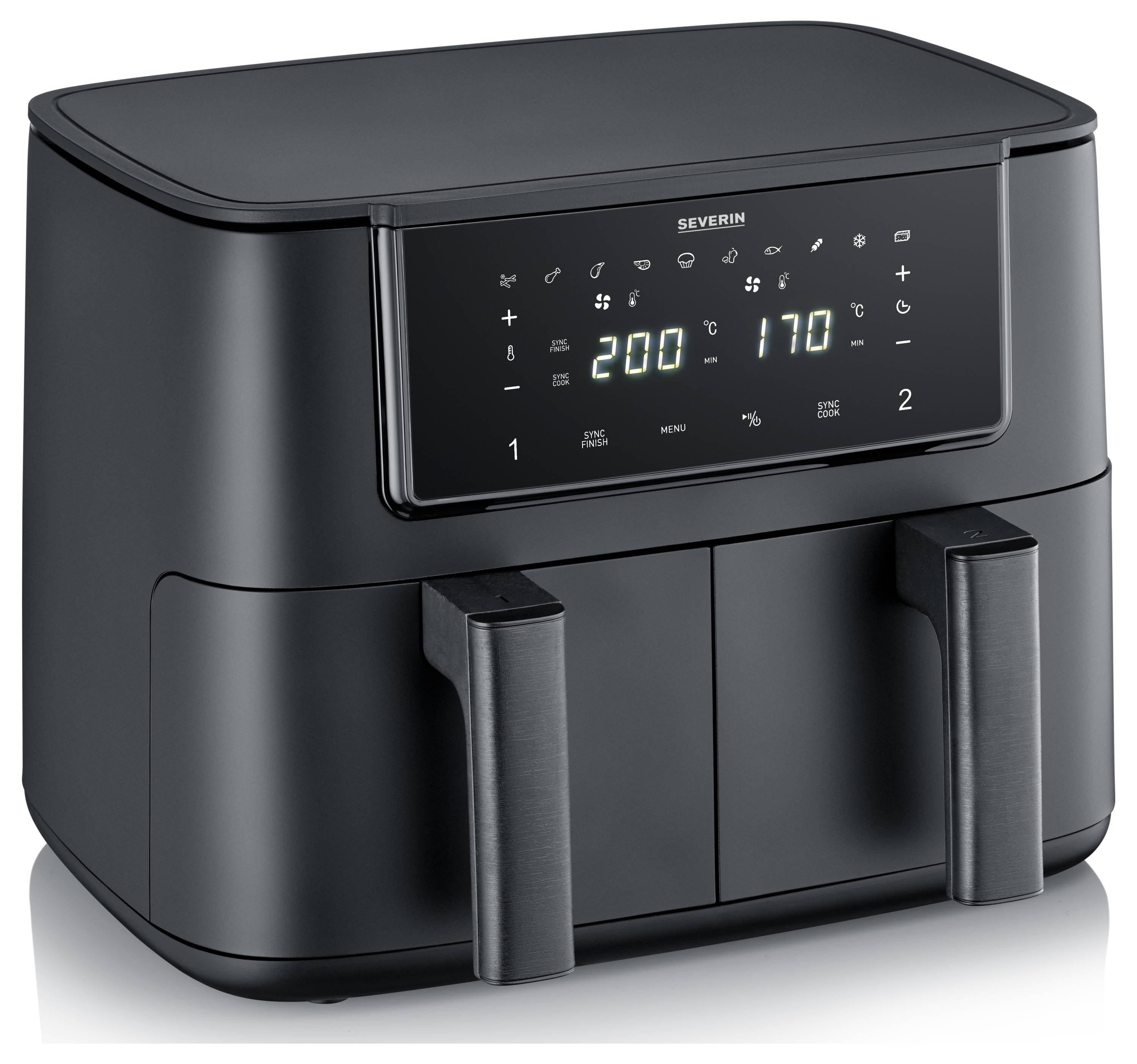 Eine schwarze Heißluftfritteuse mit digitalem Display zeigt Temperaturen von 200 und 170 Grad an. Sie hat zwei Frittierfächer.