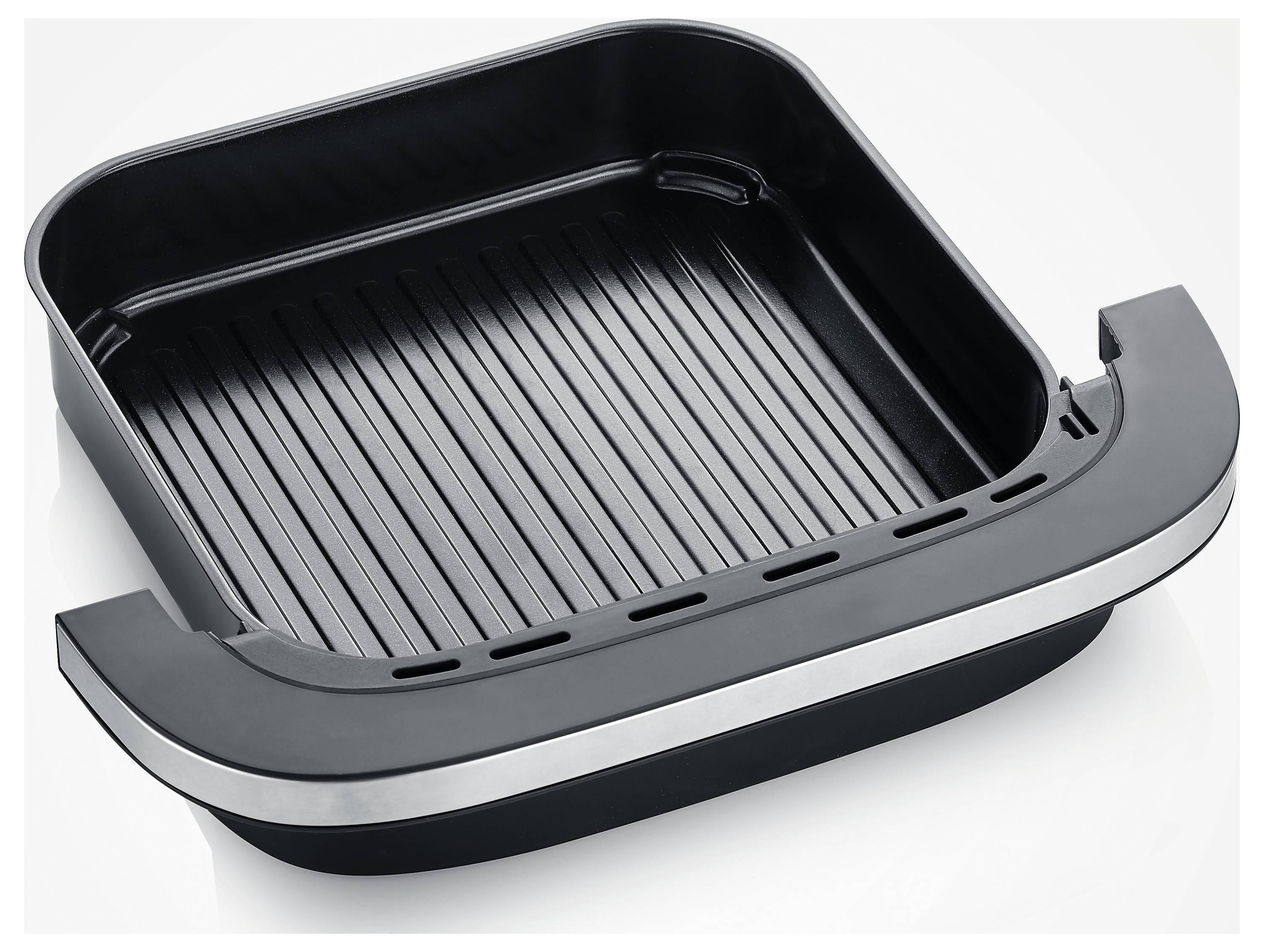 'Schwarze, rechteckige Grillpfanne mit geripptem Boden und silbernem Rand, geeignet für fettfreies Grillen im Ofen.'