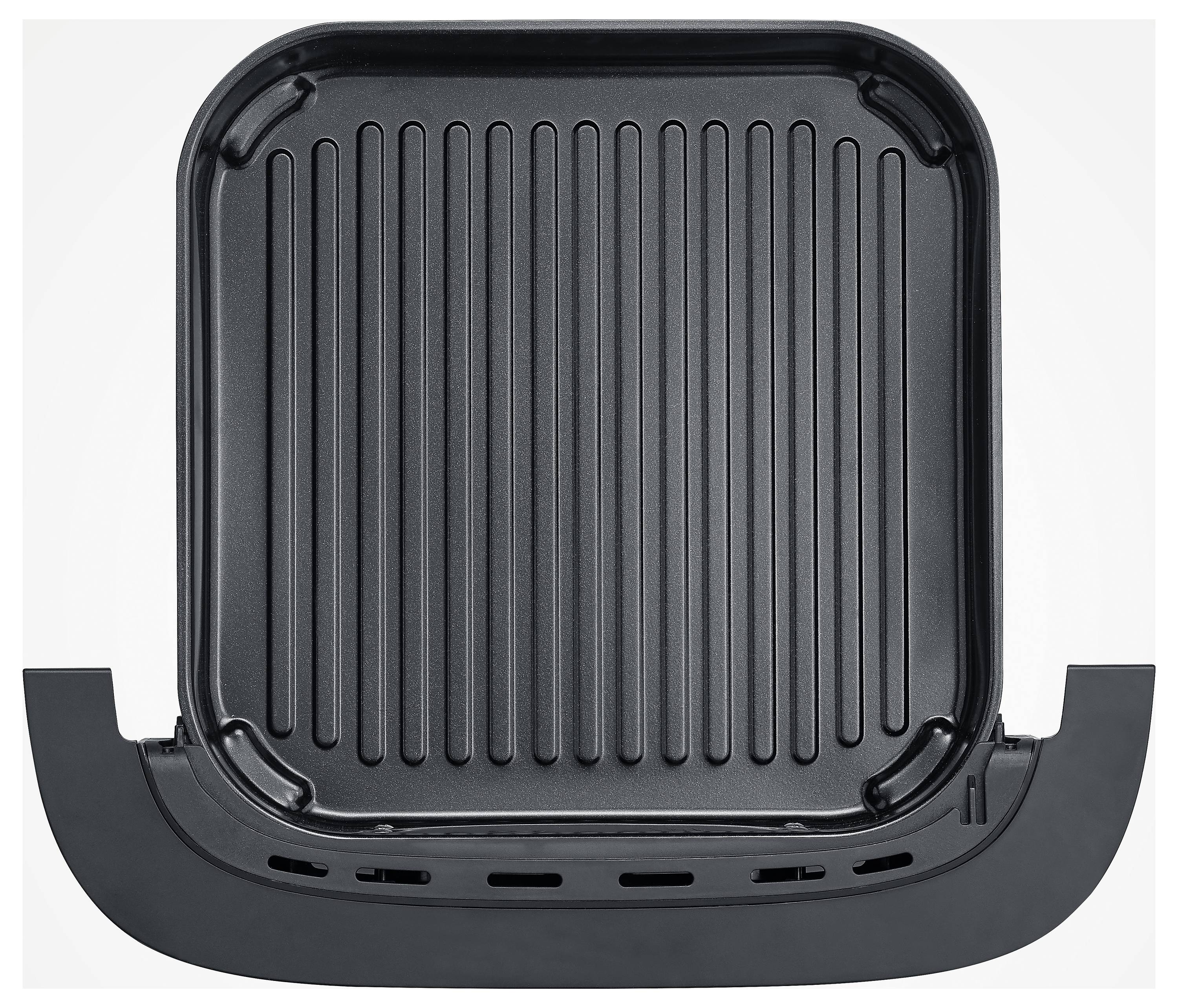 Ein schwarzes, quadratisches Grillblech mit gerillter Oberfläche, geeignet für die Zubereitung von gegrillten Speisen.