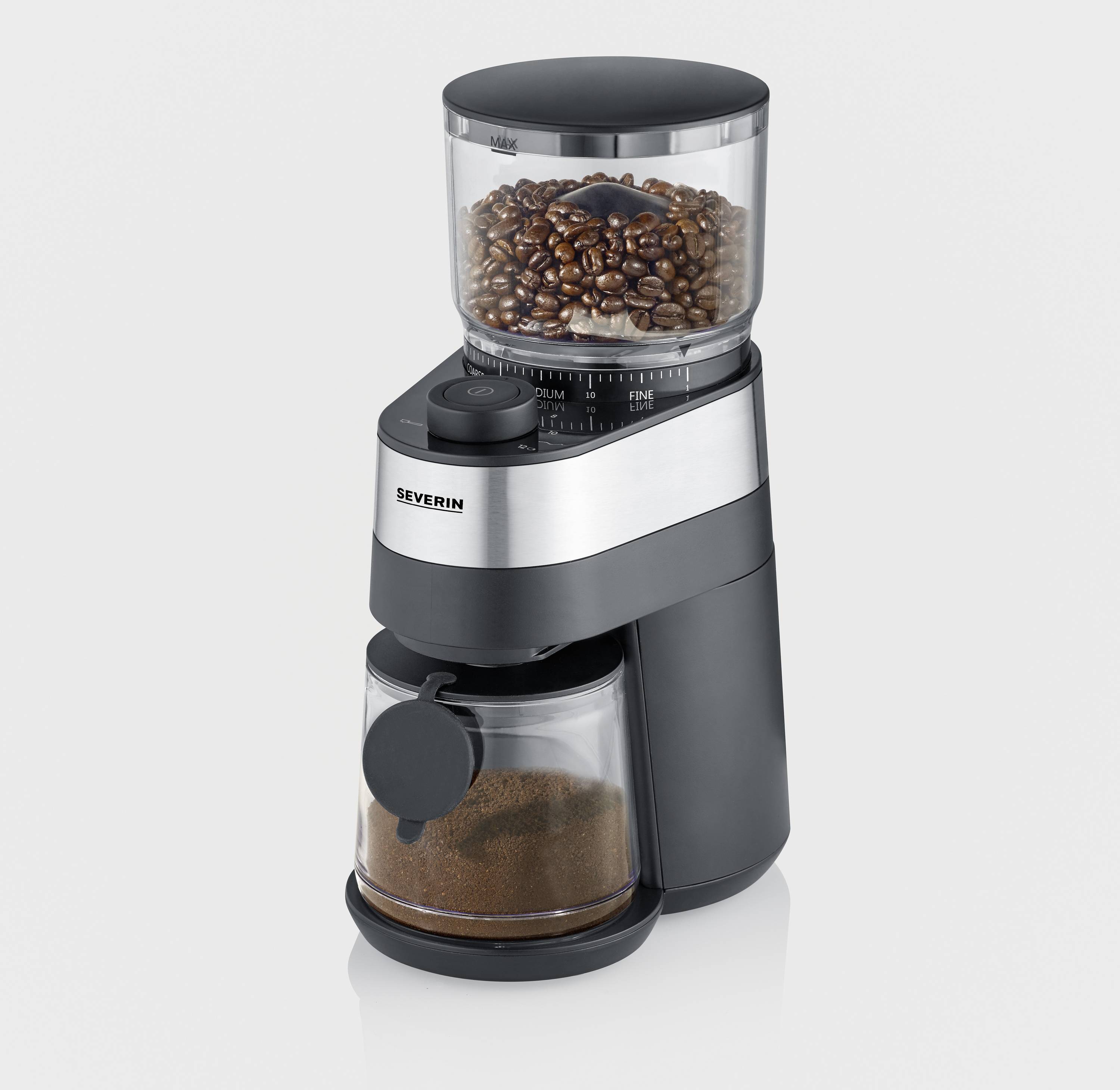 'Elektrische Kaffeemühle mit transparentem Bohnenbehälter oben und Auffangbehälter für Kaffeepulver unten.'