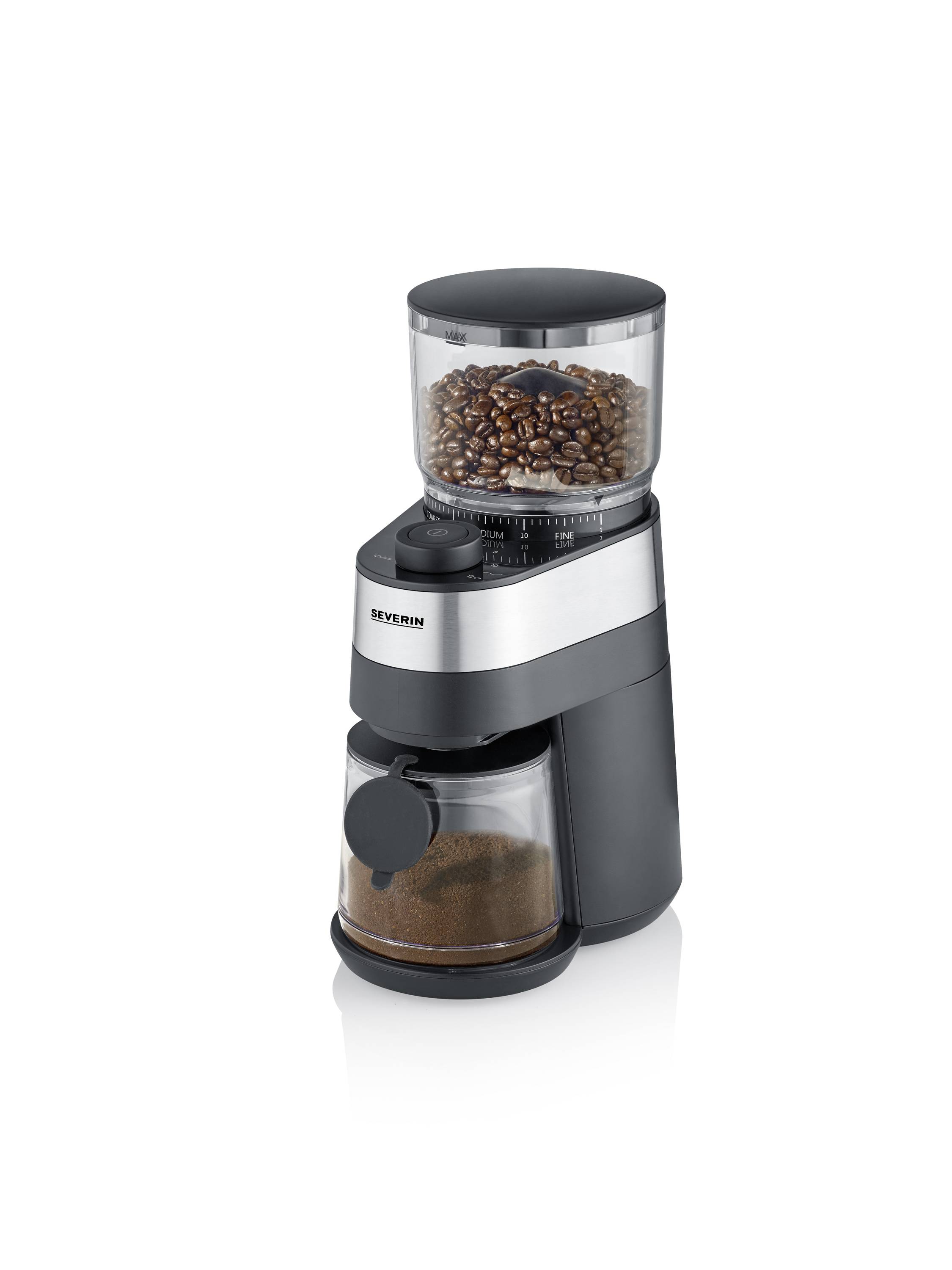 Kaffeemühle mit transparentem Bohnenbehälter und Auffangbehälter für gemahlenen Kaffee. Silber-schwarzes Gehäuse.