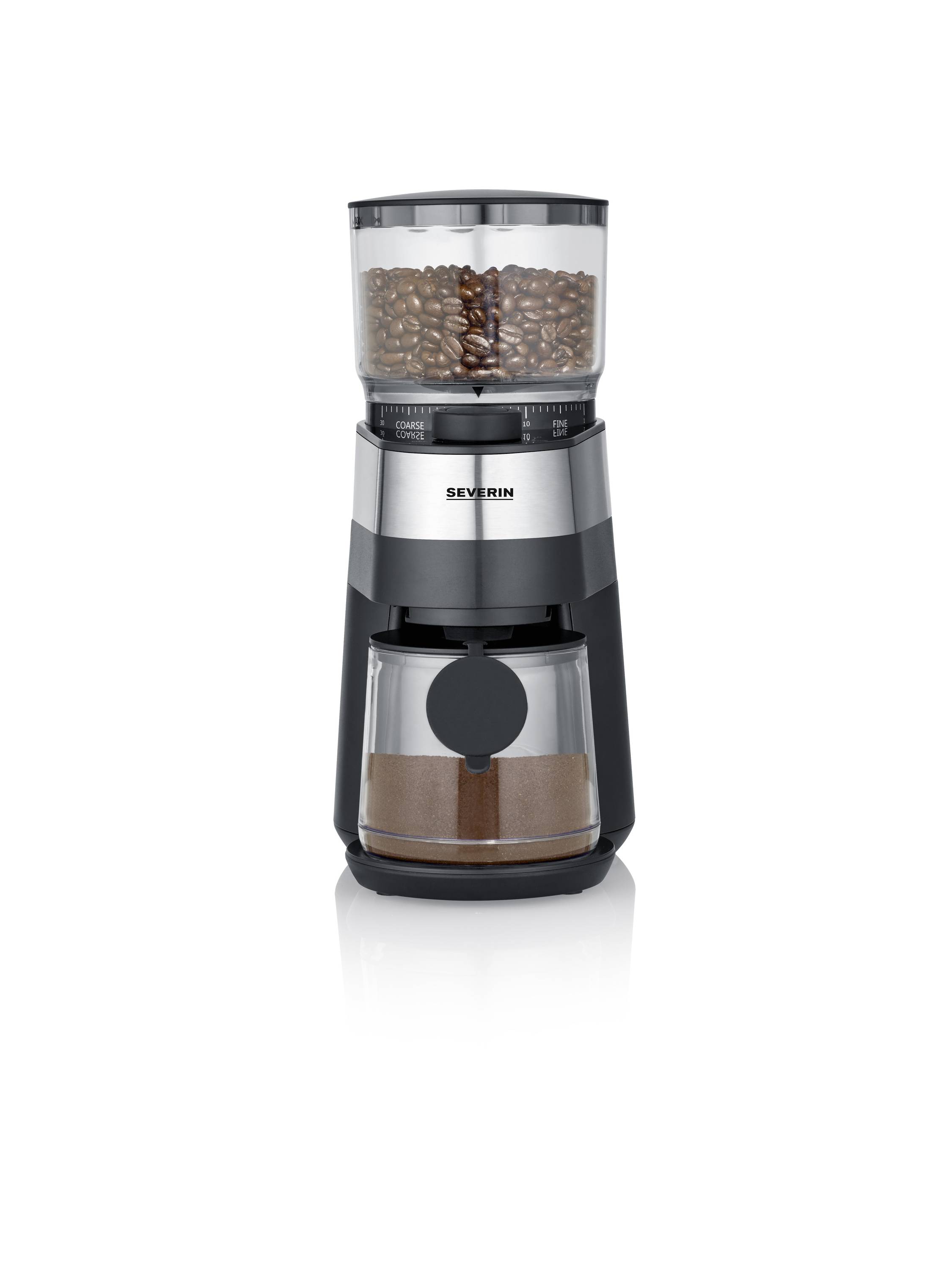 Kaffeemühle mit transparentem Bohnenbehälter oben und einer Auffangschale für gemahlenen Kaffee unten.
