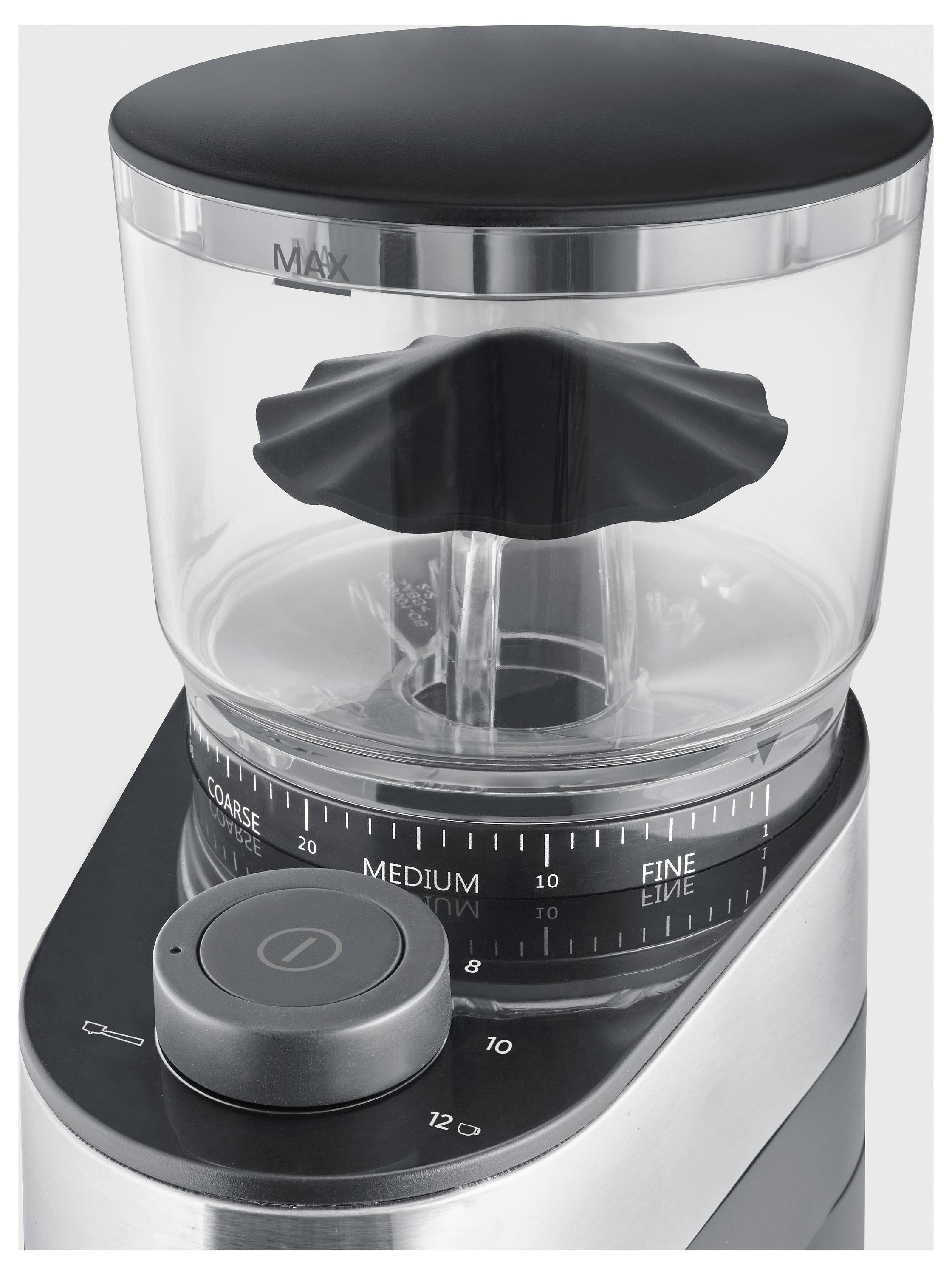 Elektrische Kaffeemühle mit stufenlos einstellbarem Mahlgrad, Skala von 'Coarse' bis 'Fine', abnehmbarer Bohnenbehälter oben.