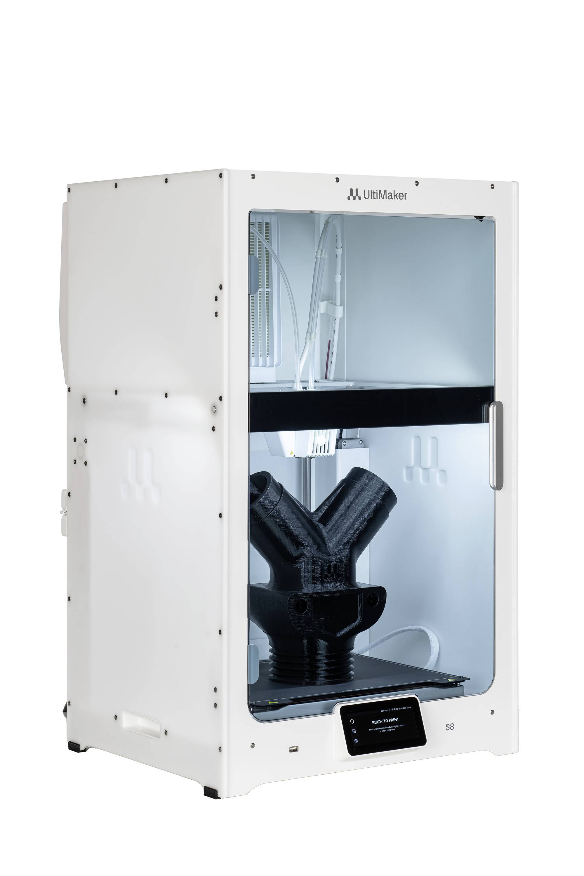 Ein 3D-Drucker bei der Arbeit, der ein schwarzes, Y-förmiges Objekt in einem transparenten Gehäuse formt.
