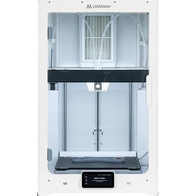 Ein moderner 3D-Drucker der Marke Ultimaker in einer weißen Hülle ist von vorne zu sehen, mit einem Display unten in der Mitte.