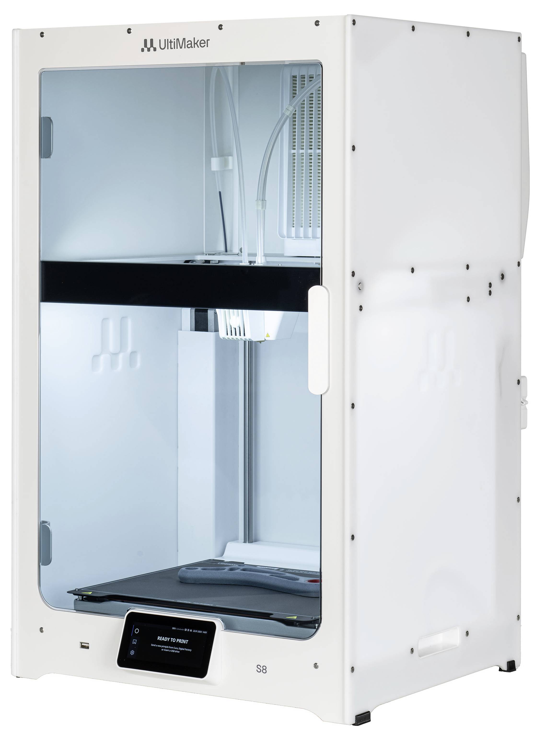 Ein weißer 3D-Drucker in einem geschlossenen Gehäuse, mit der Aufschrift 'Ultimaker S5', zeigt Teile des Innenraums und das Bedienfeld.