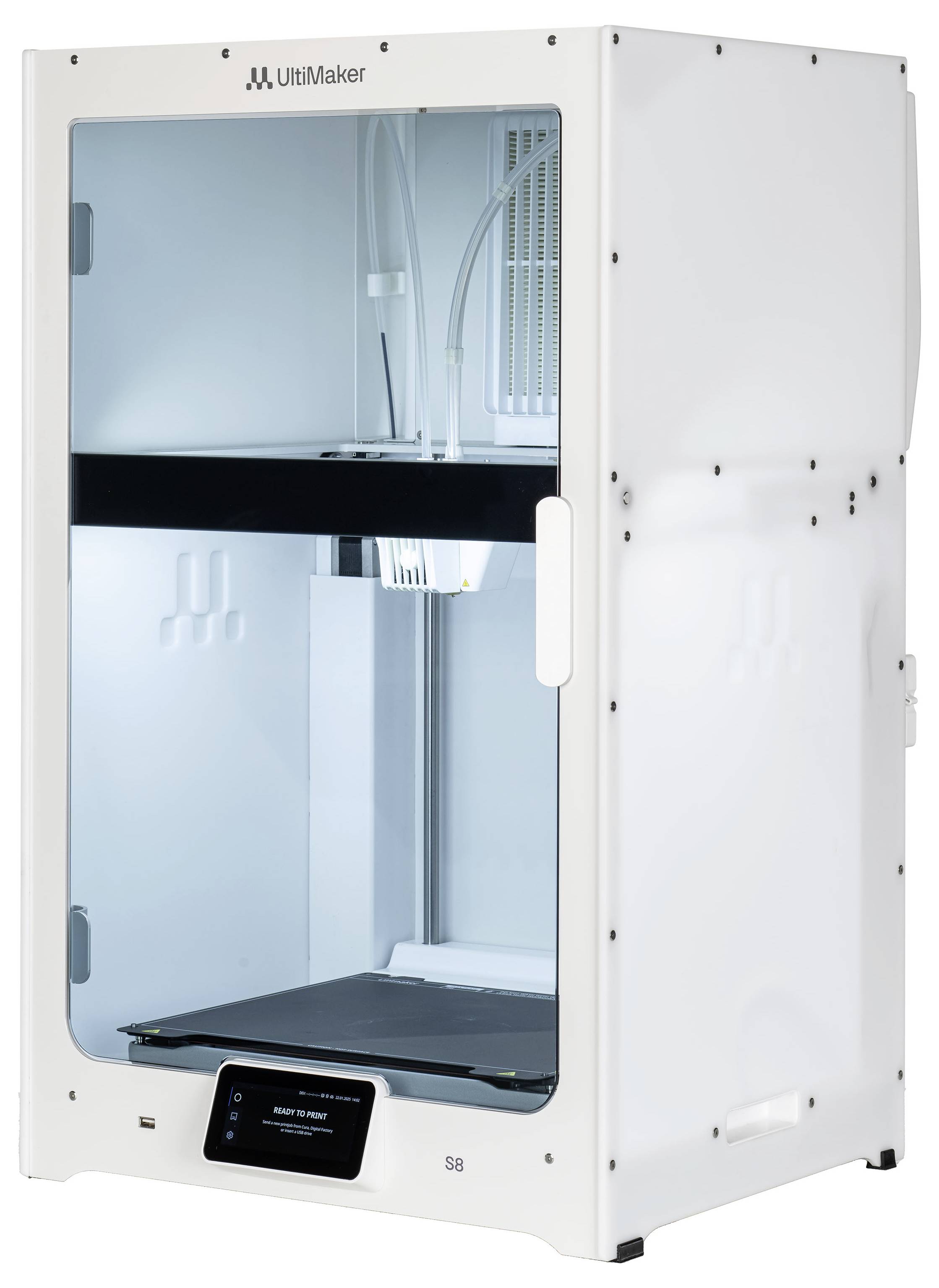 Ein weißer 3D-Drucker mit Glastür und Bildschirm an der Vorderseite steht in einem gut beleuchteten Raum.