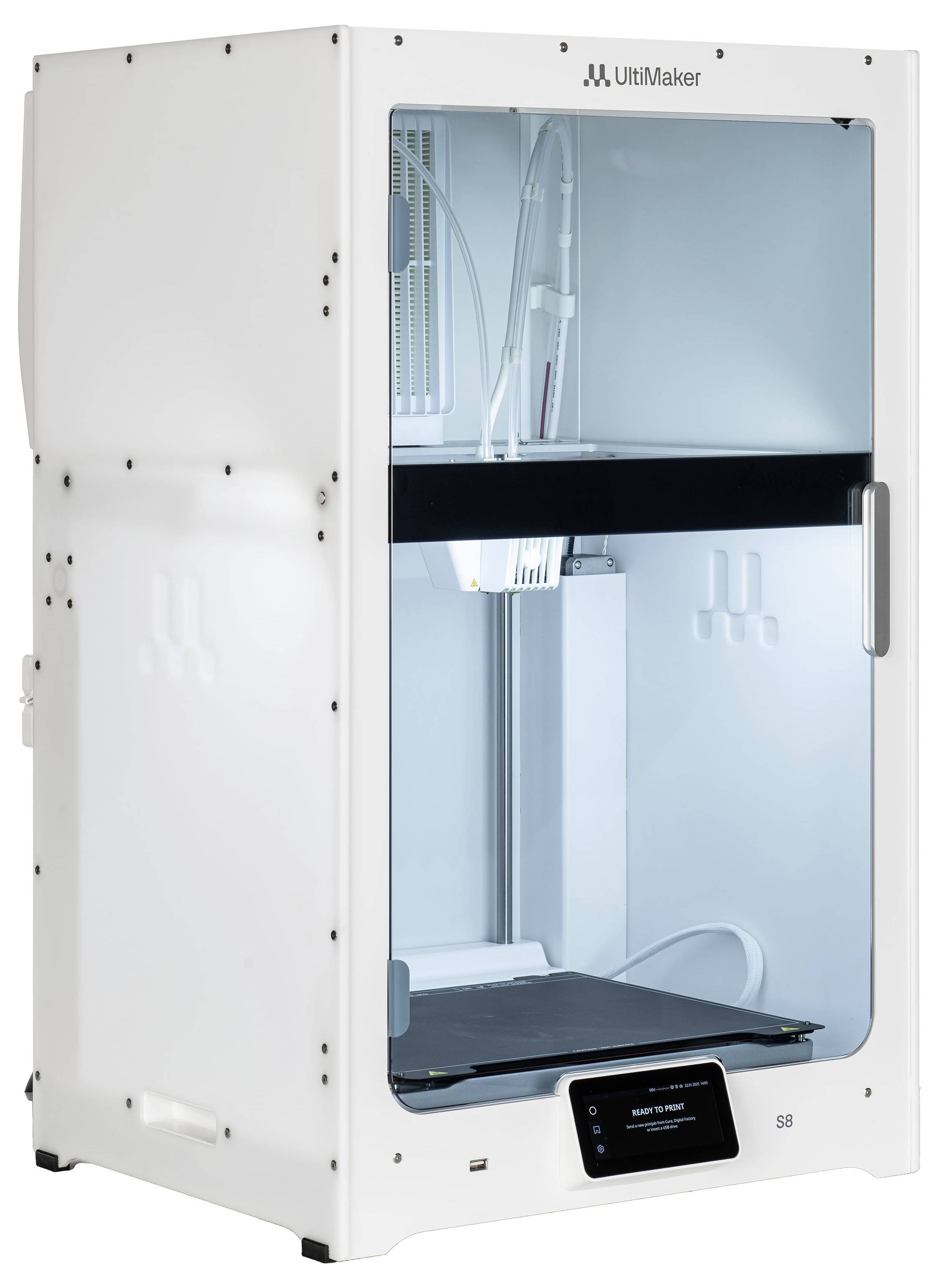 3D-Drucker mit durchsichtigem Gehäuse; darin befindet sich eine Druckplattform. Ein Display an der Front zeigt Bedieninformationen.