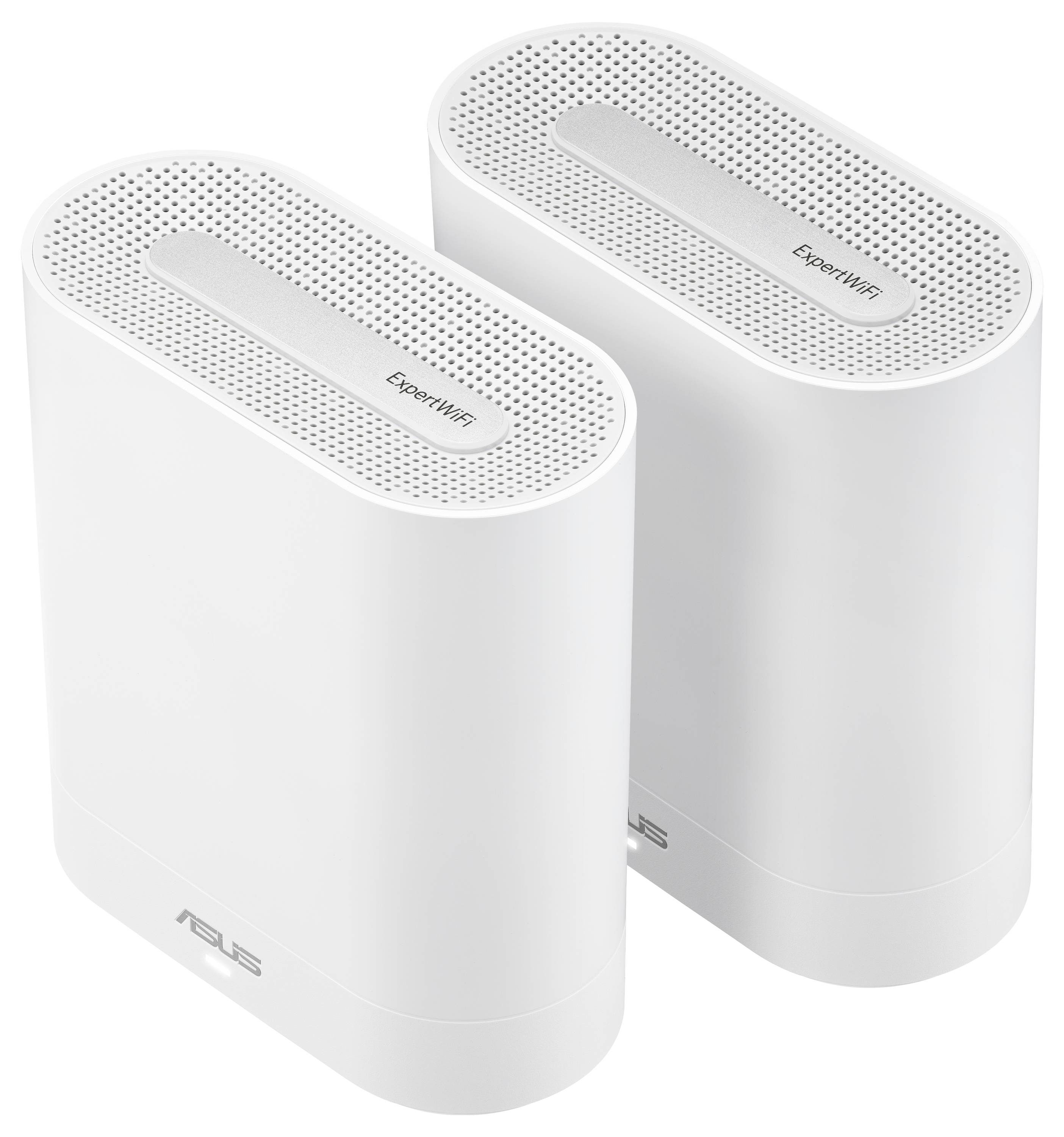 Zwei weiße Asus ExpertWiFi Geräte nebeneinander. Sie sind zylindrisch mit oben liegenden Lüftungsschlitzen und zeigen das Asus-Logo.