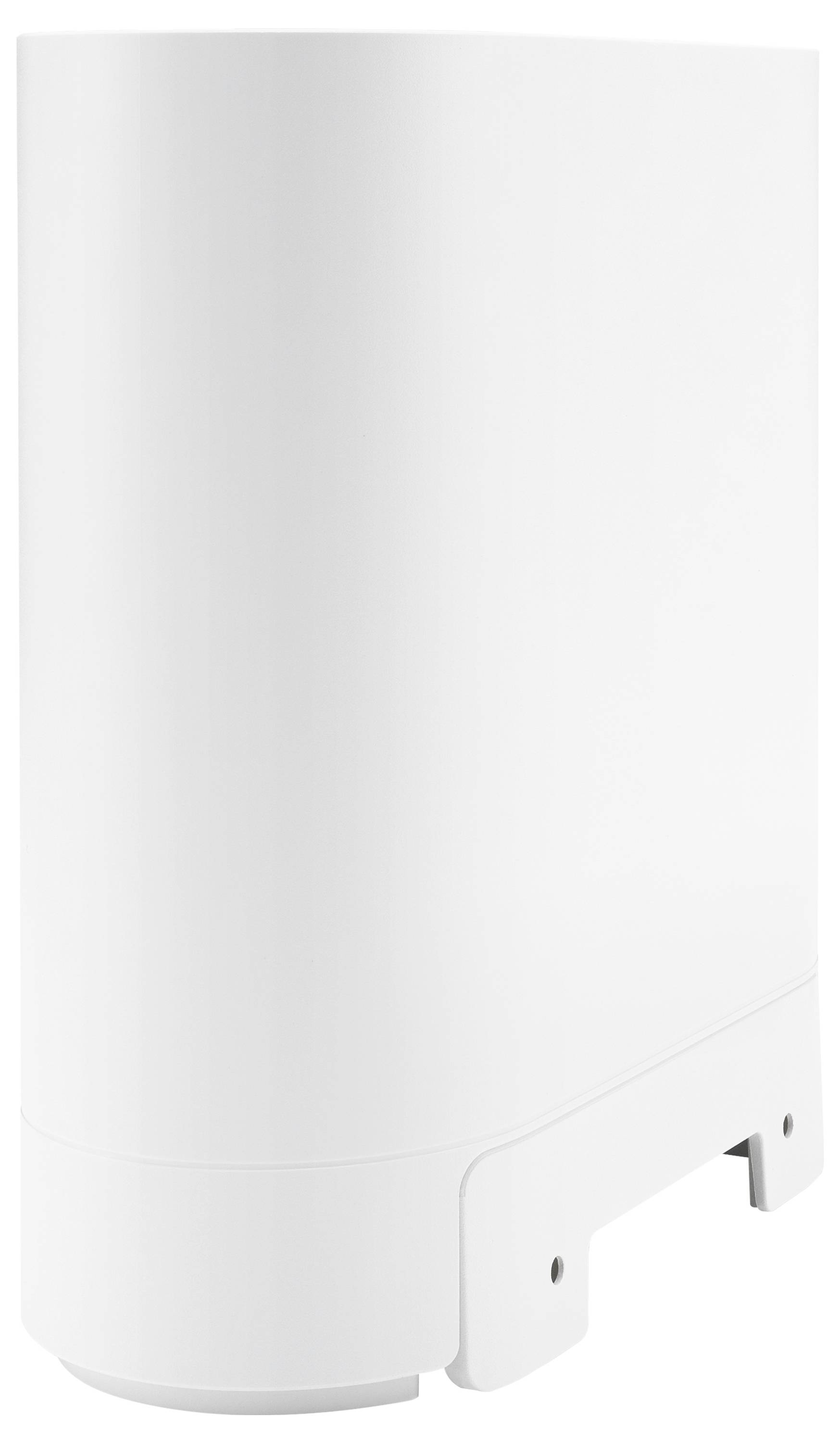 Ein weißes, zylinderförmiges Gerät mit abgerundeten Ecken, vermutlich ein elektronisches Gerät oder Zubehörteil.