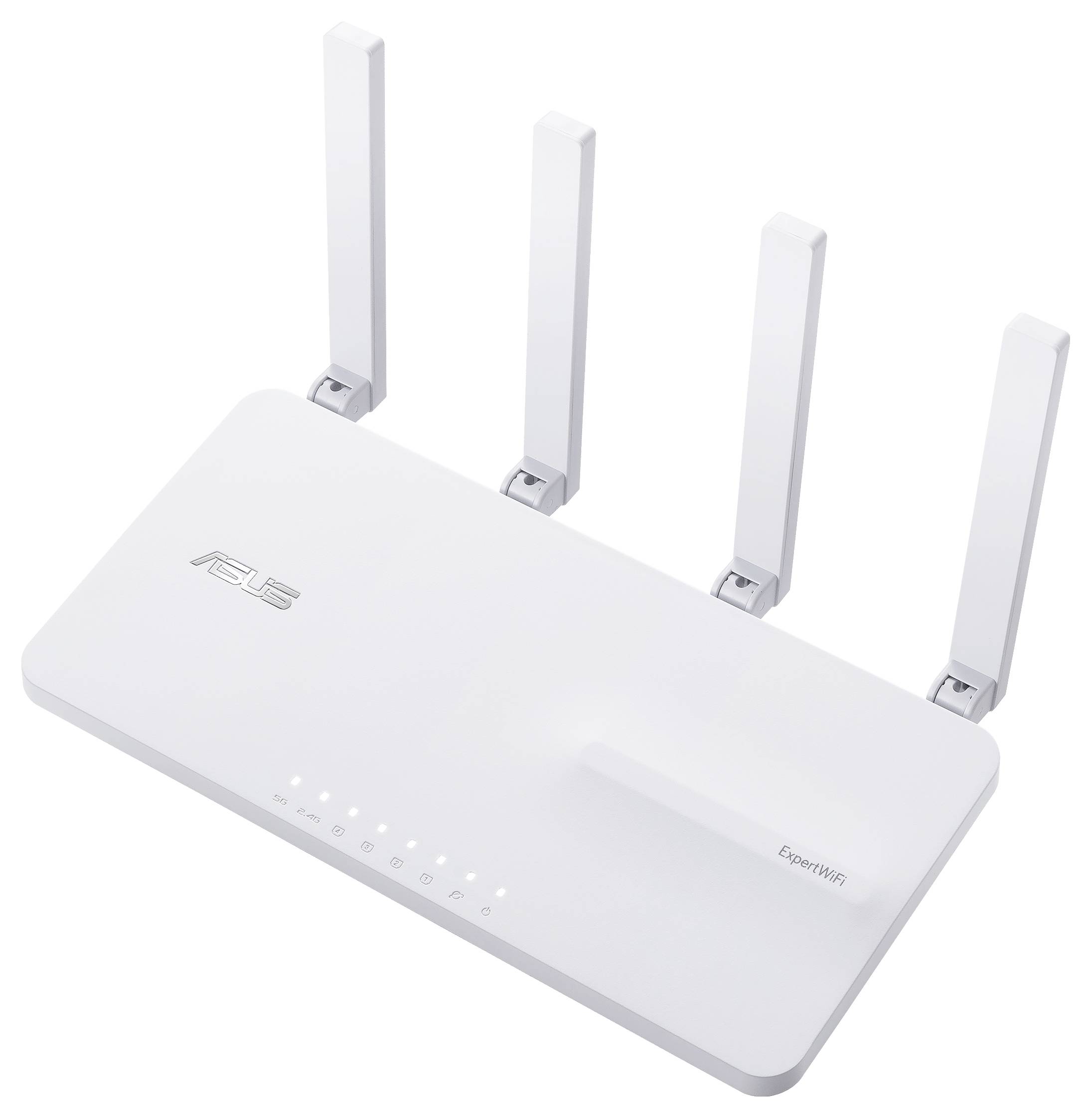 Ein weißer WLAN-Router mit vier Antennen, der Marke 'ASUS'. Lichter auf der Vorderseite zeigen den Betriebszustand an.