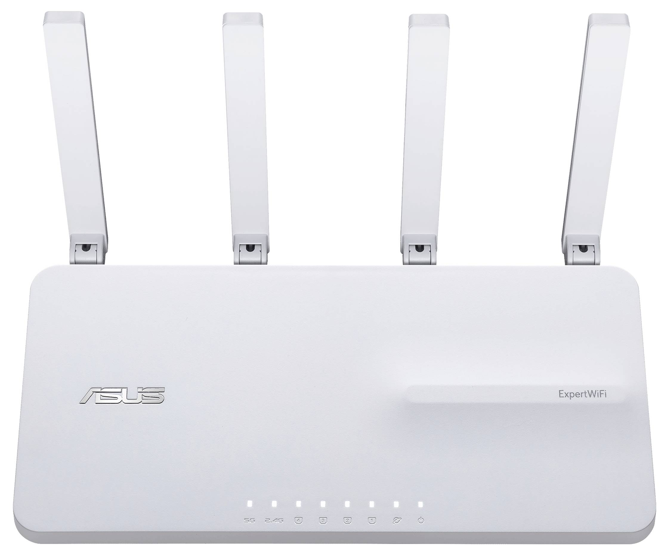 'ASUS ExpertWiFi' Router mit vier Antennen, weißes Gehäuse. LED-Anzeigen auf der Vorderseite über Verbindungsstatus.
