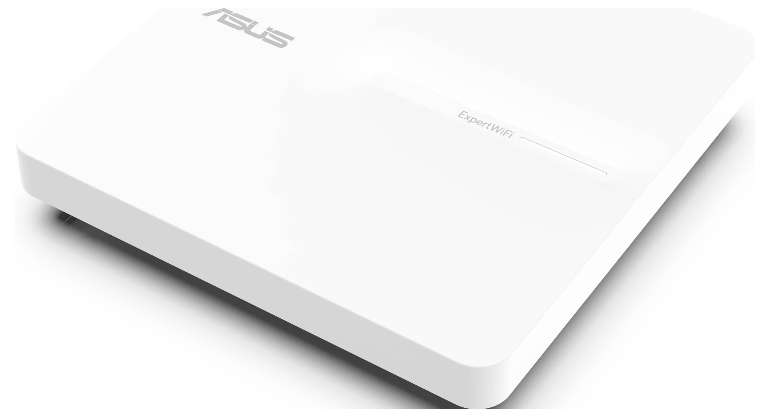 Ein weißer Asus-Router in minimalistischem Design mit der Aufschrift 'Expert WiFi' auf seiner Oberfläche.