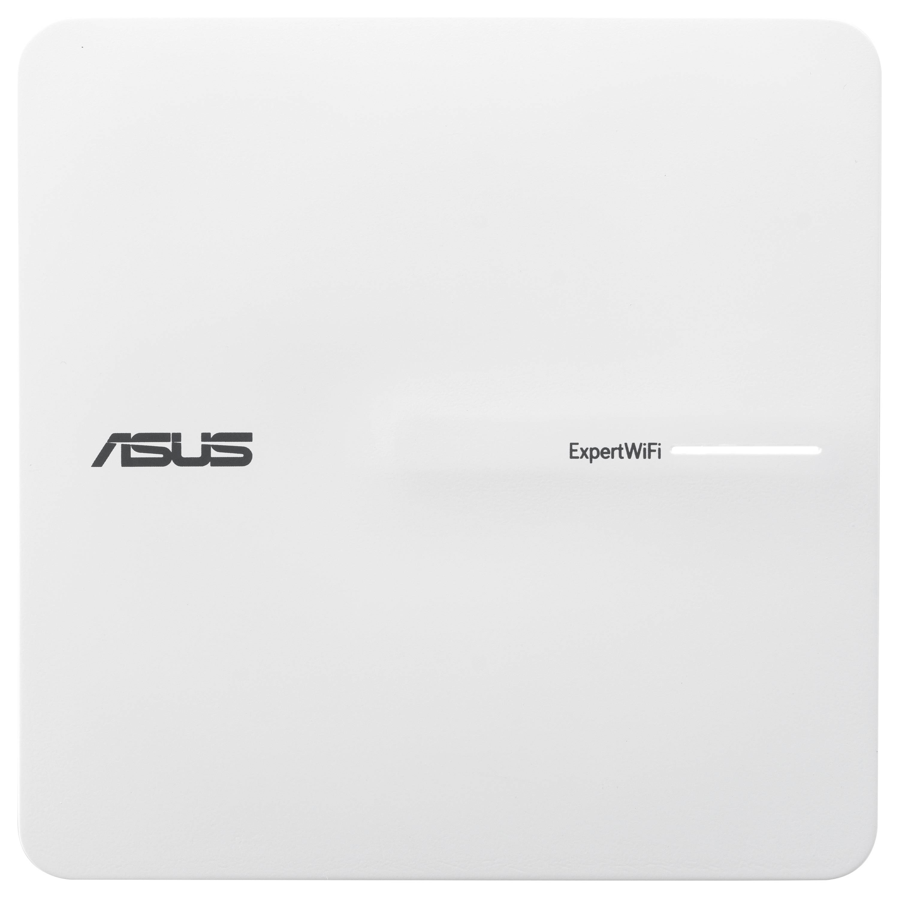 Ein weißer ASUS ExpertWiFi-Router mit schlichtem Design. Markenname und Modell 'ExpertWiFi' sind auf der Vorderseite sichtbar.