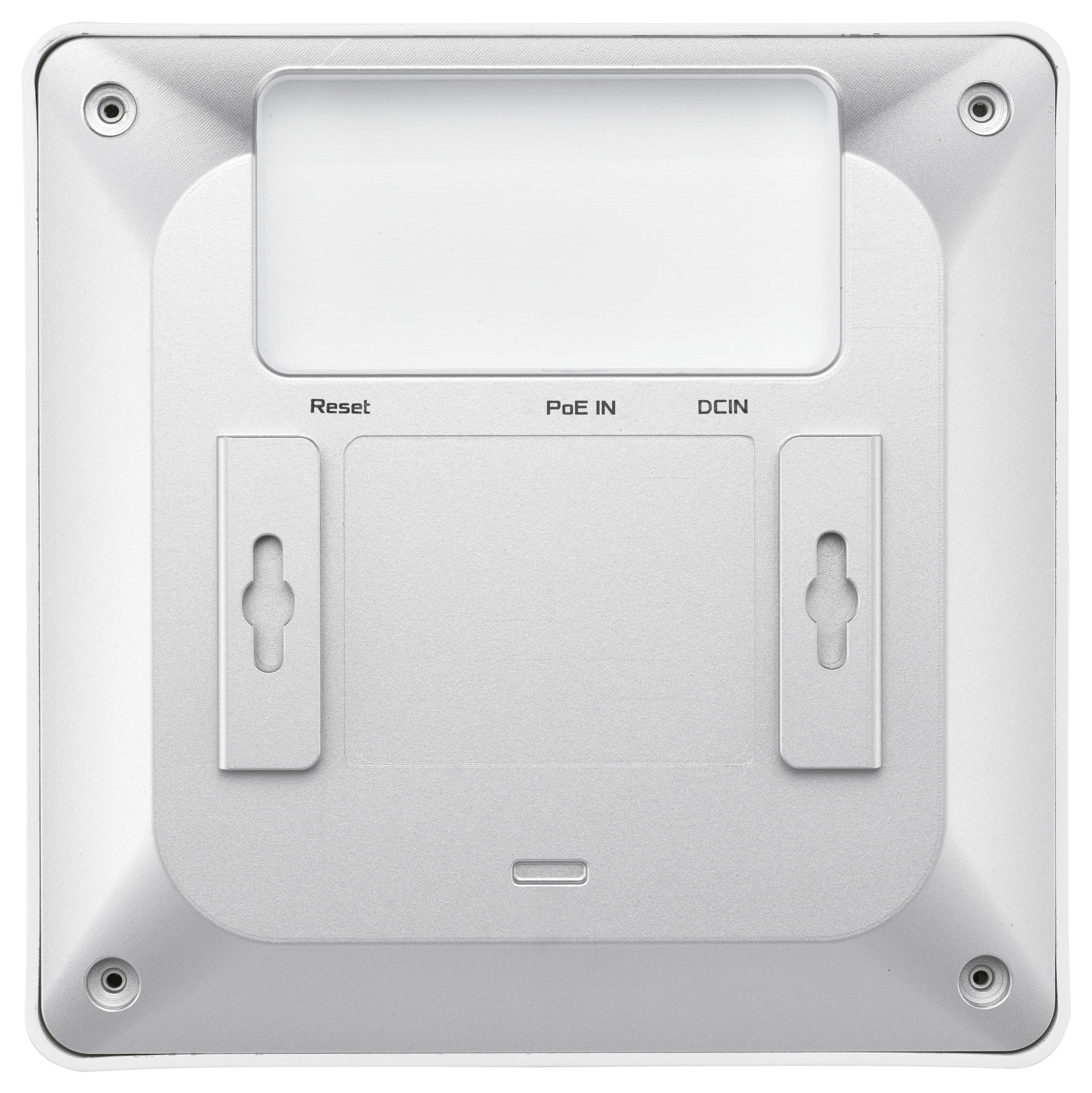 Silberne Geräte-Rückseite mit Befestigungslöchern. Beschriftungen: 'Reset', 'PoE IN', 'DC IN'. Oben rechteckiges Fach.
