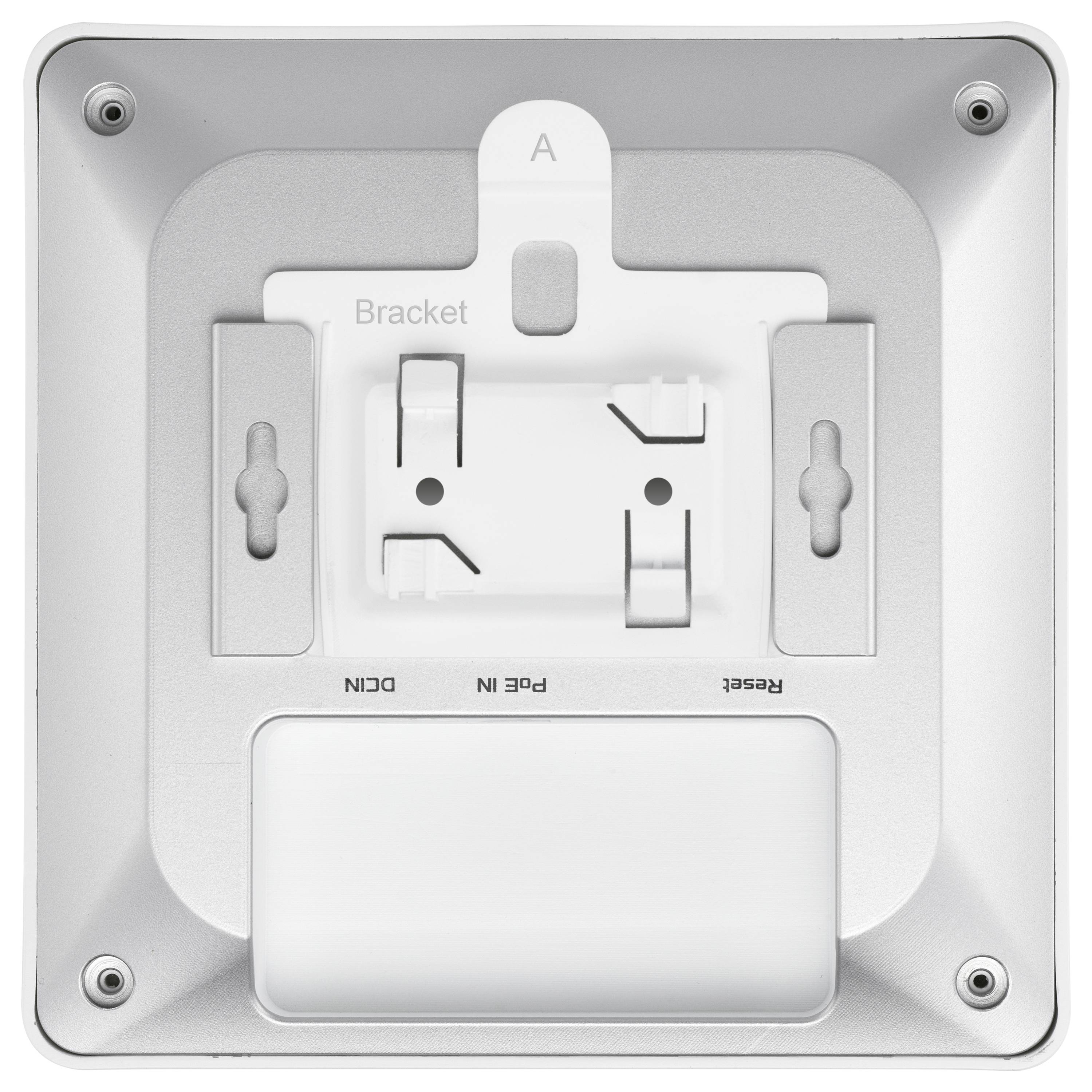 'Taschenhalterungsschnittstelle eines Deckenmontagegeräts mit Anschlüssen für POE IN, Reset und DC IN.'